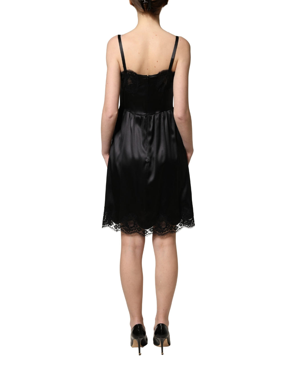 Mini-robe sans manches Dolce & Gabbana en satin de soie noir et dentelle