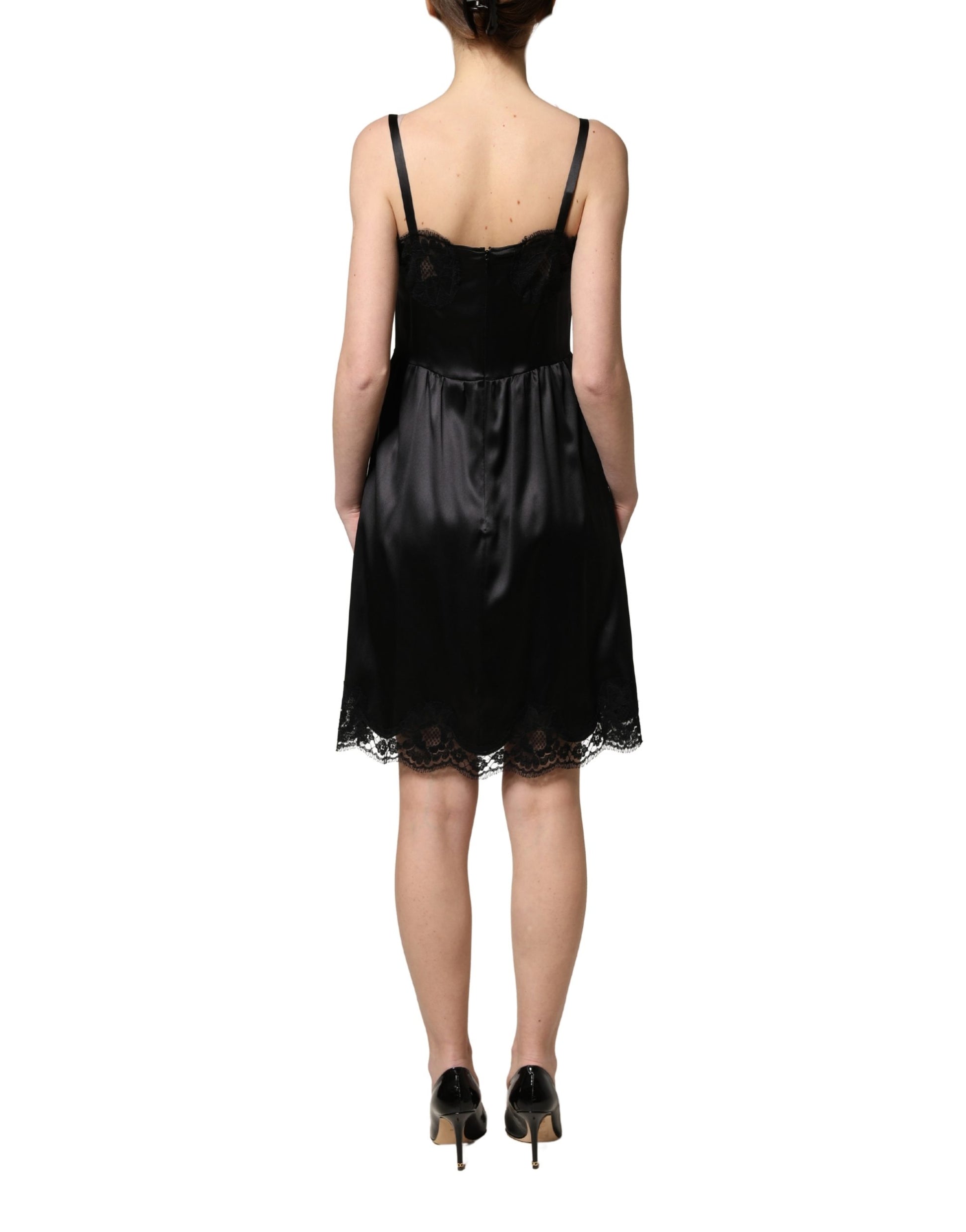 Mini-robe sans manches Dolce & Gabbana en satin de soie noir et dentelle