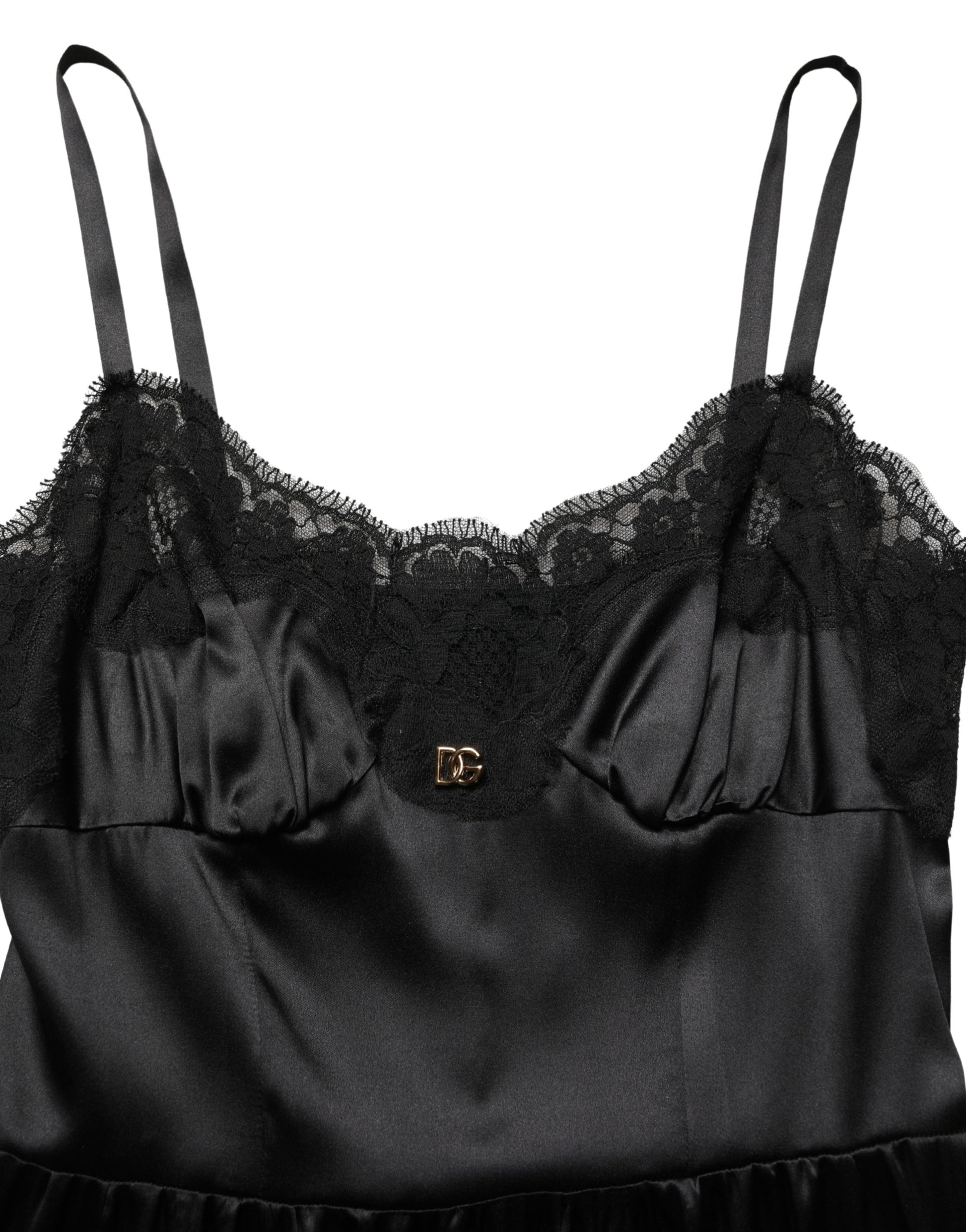 Mini-robe sans manches Dolce & Gabbana en satin de soie noir et dentelle