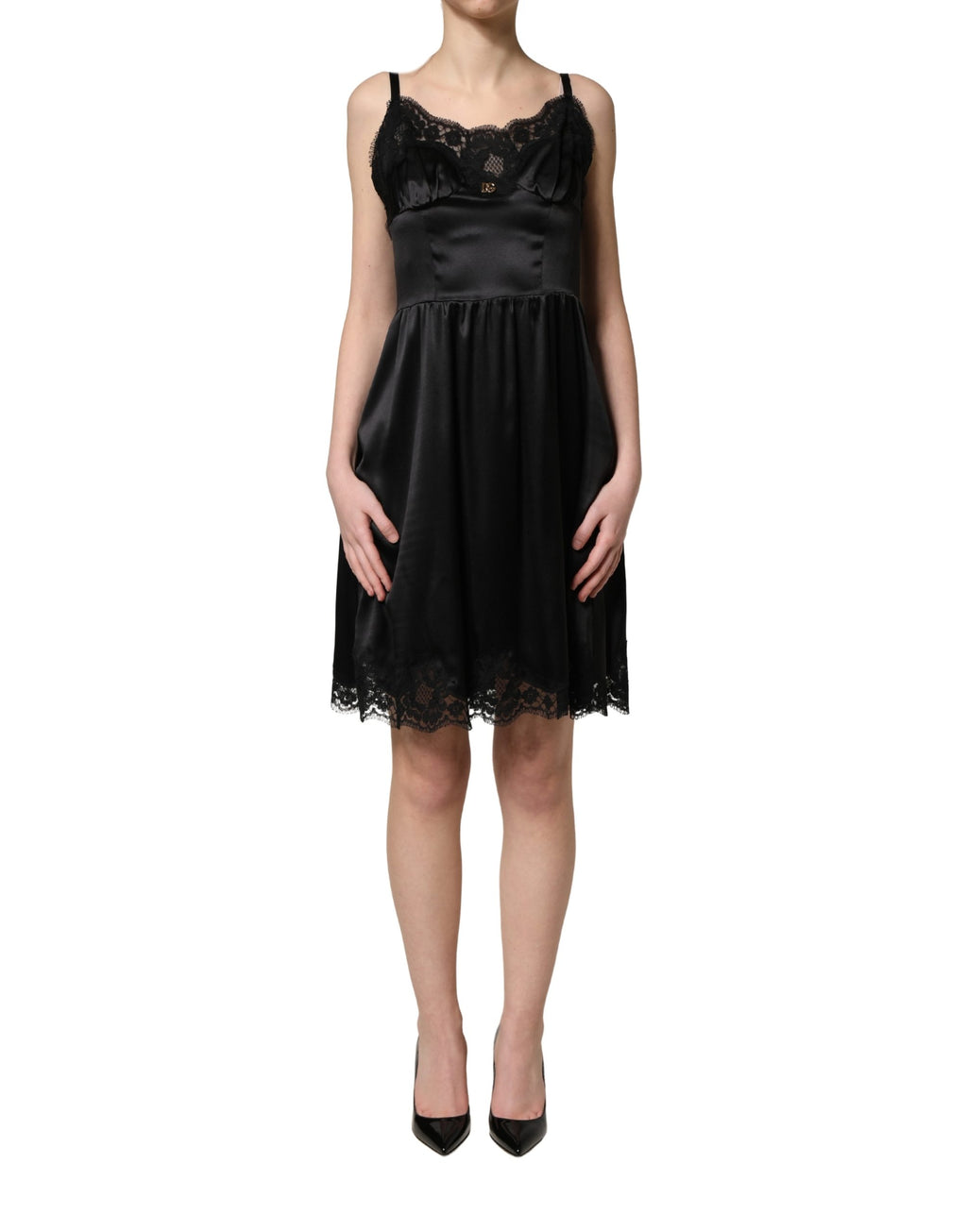 Mini-robe sans manches Dolce & Gabbana en satin de soie noir et dentelle