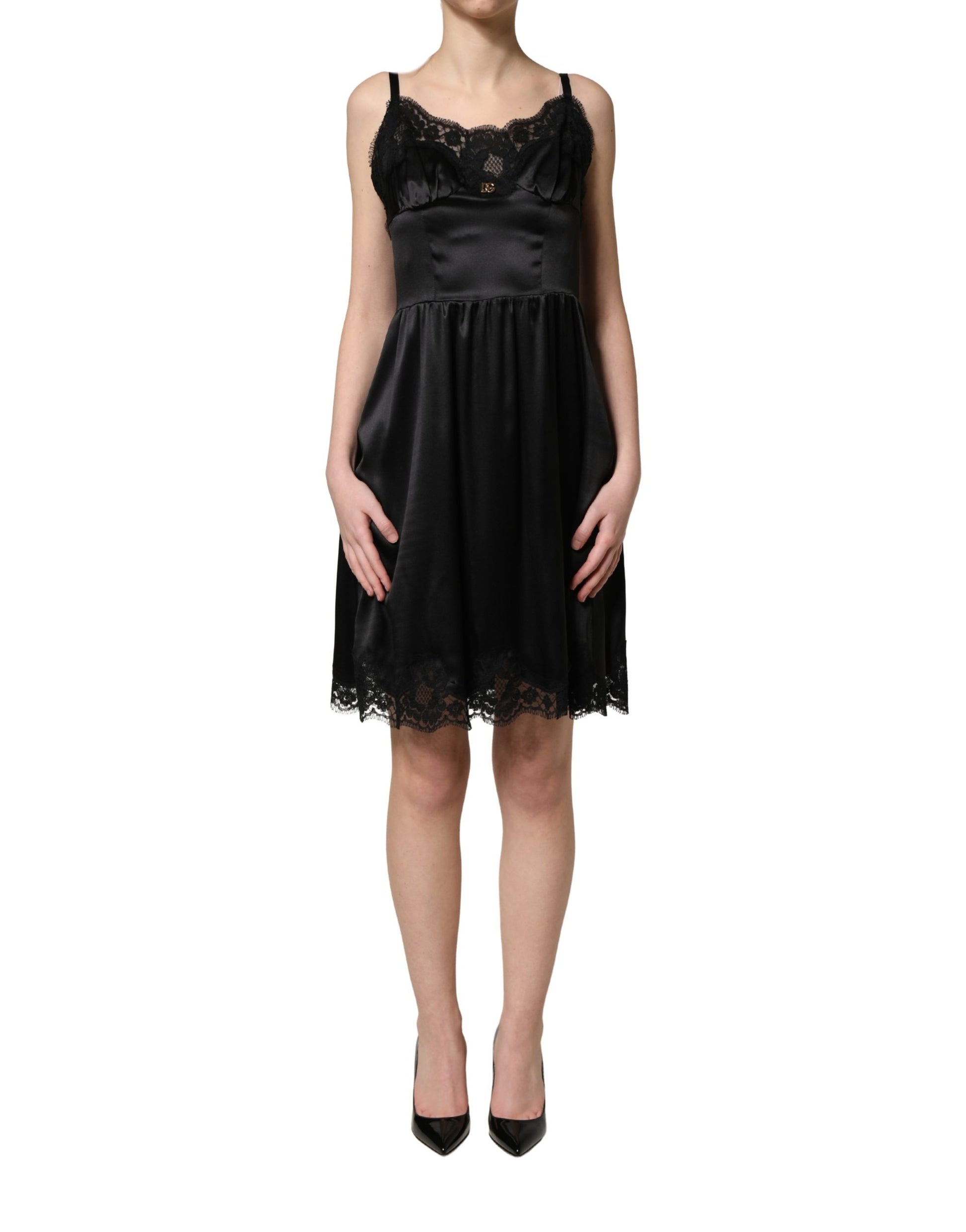 Mini-robe sans manches Dolce & Gabbana en satin de soie noir et dentelle