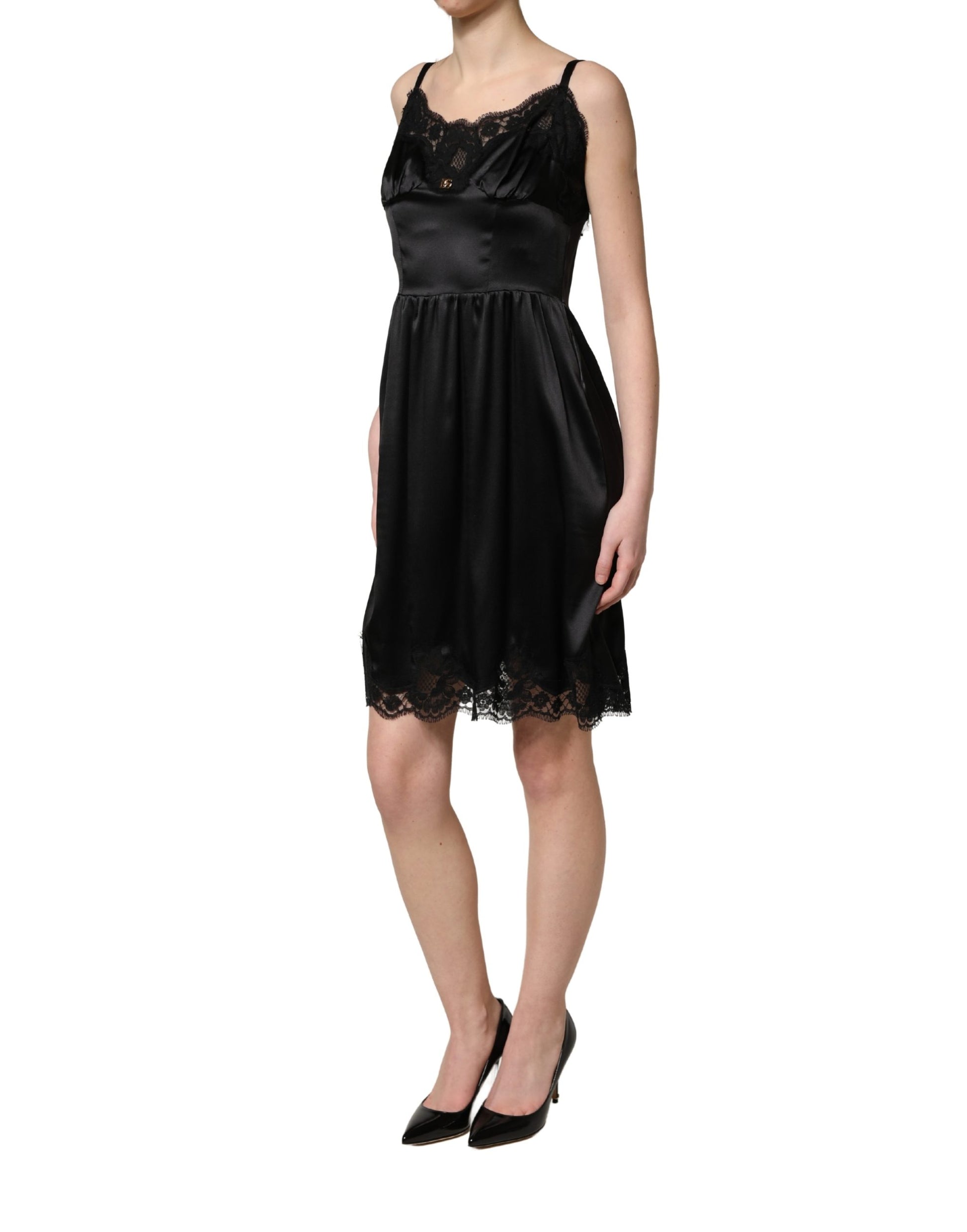 Mini-robe sans manches Dolce & Gabbana en satin de soie noir et dentelle