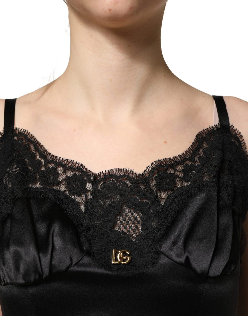 Mini-robe sans manches Dolce & Gabbana en satin de soie noir et dentelle