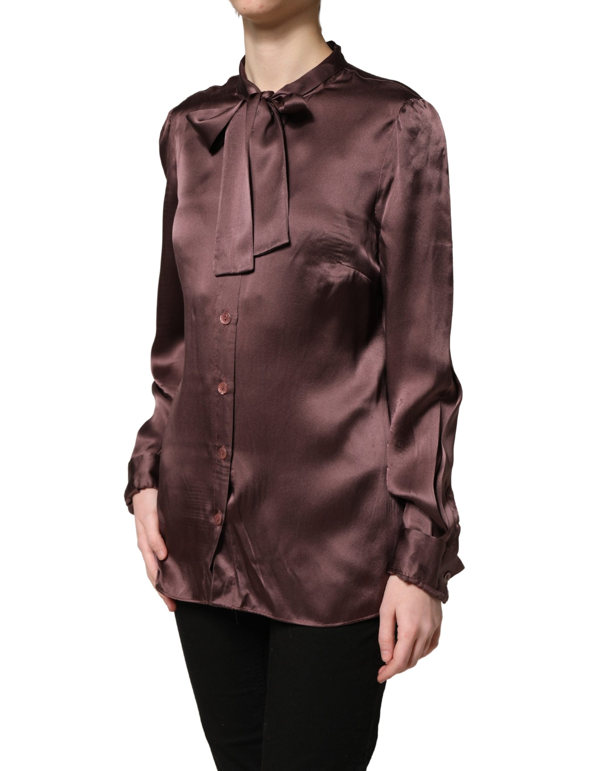 Dolce & Gabbana Violet Satin Long Sleeve Ascot Tie Shirt Top