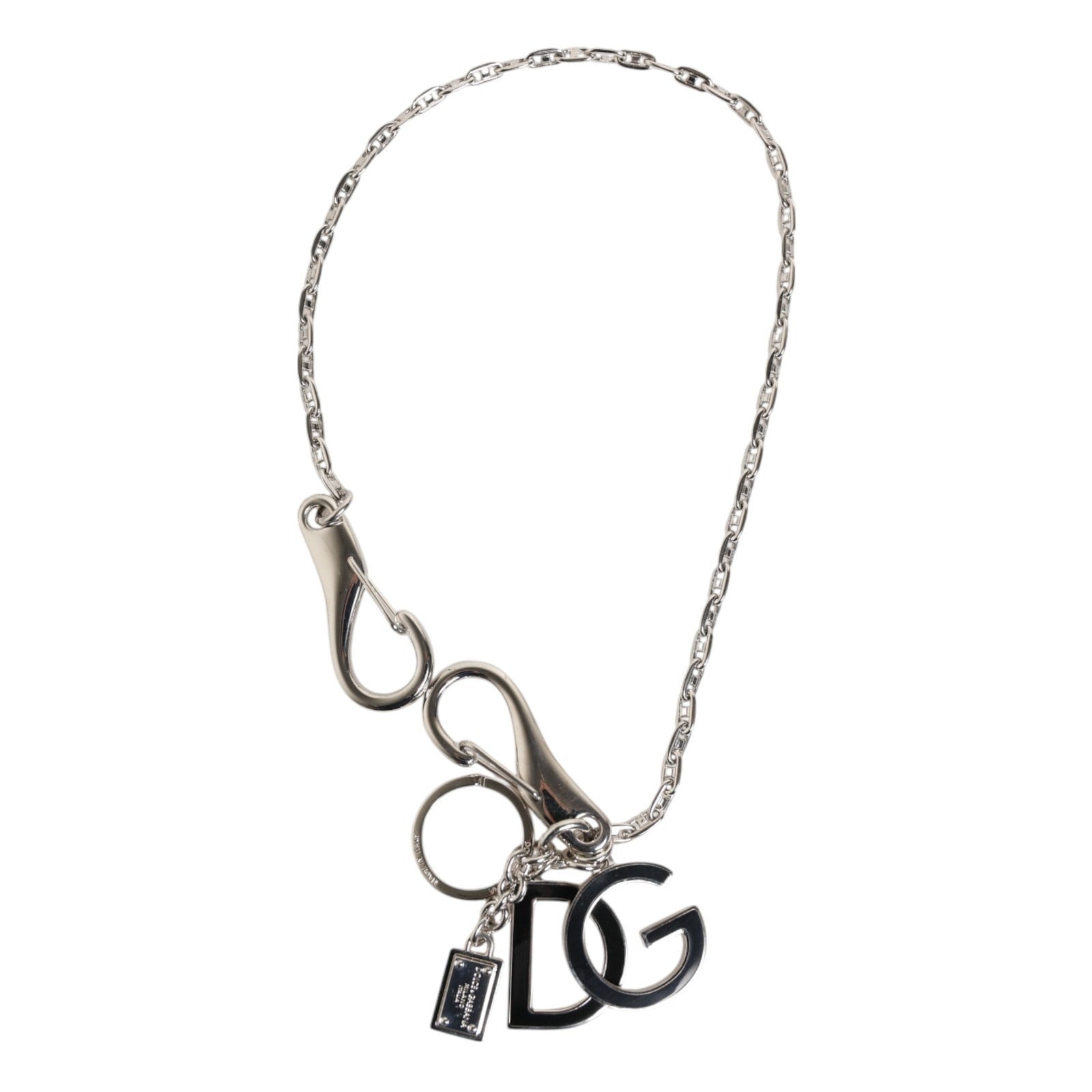Porte-clés Dolce & Gabbana en métal argenté avec logo DG, bijou de sac