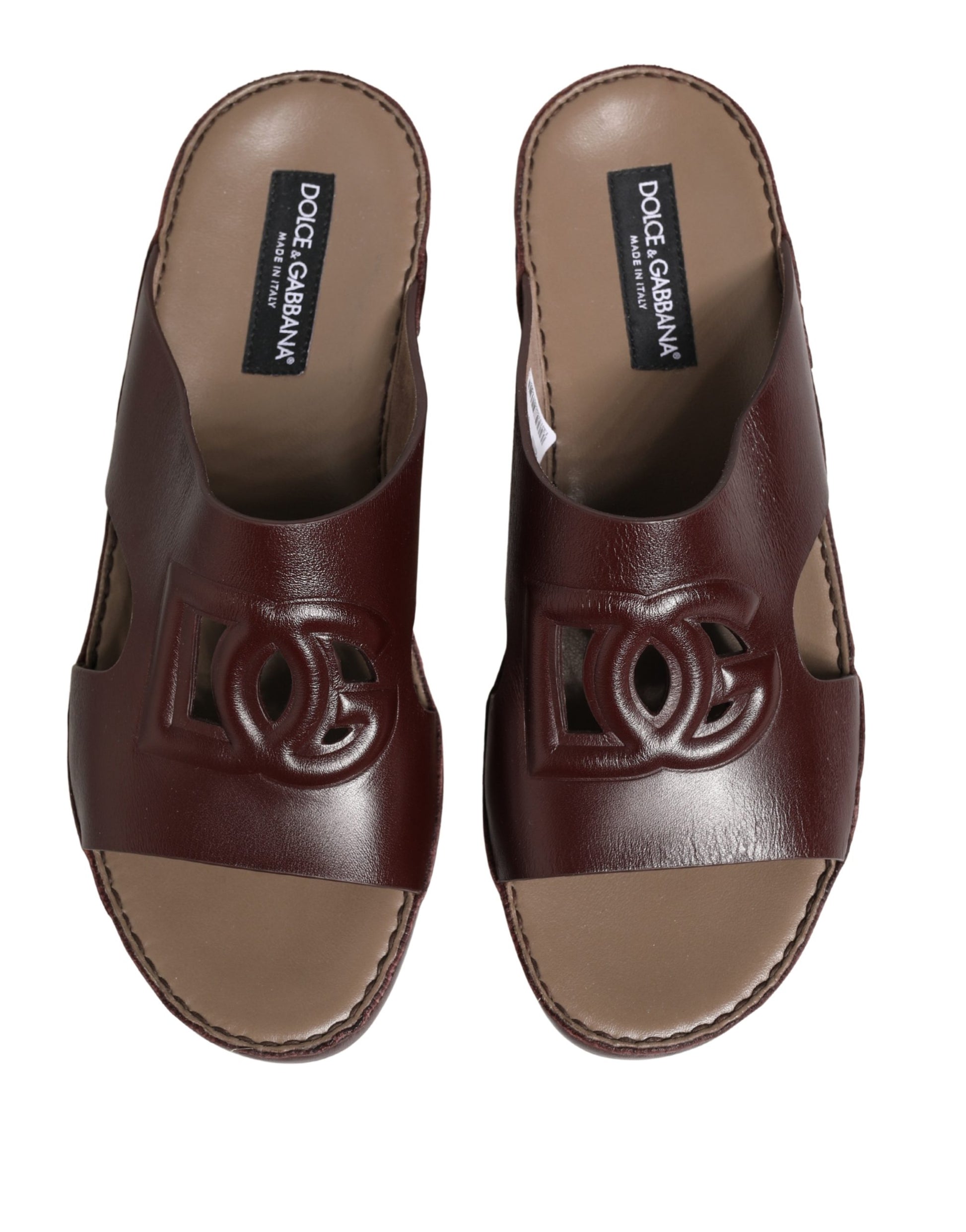 Dolce & Gabbana Maroon Leather Cutout DG Logo Sandals Shoes