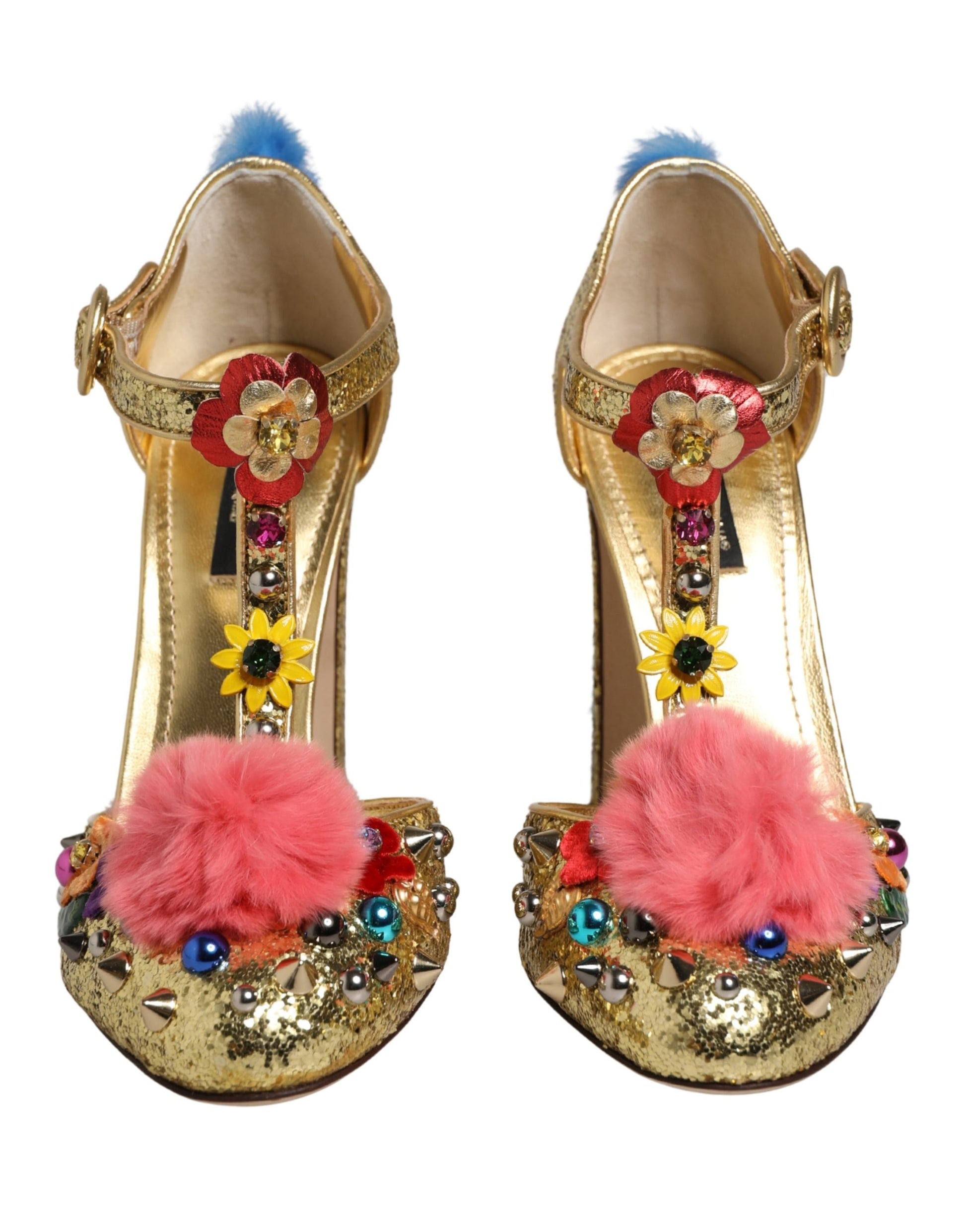 Dolce & Gabbana Gold Fur Trim Glitter T-strap Sandals Shoes
