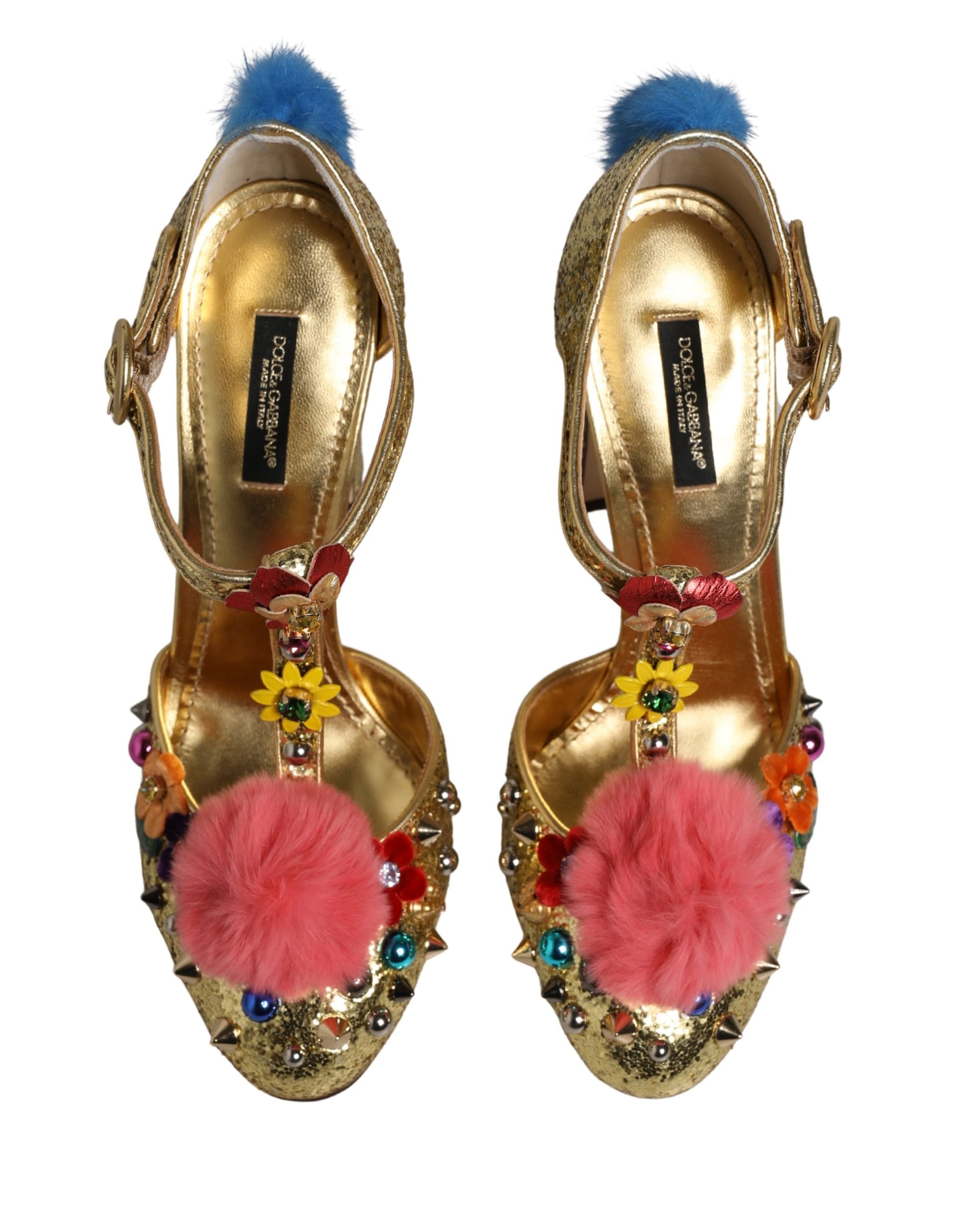 Dolce & Gabbana Gold Fur Trim Glitter T-strap Sandals Shoes