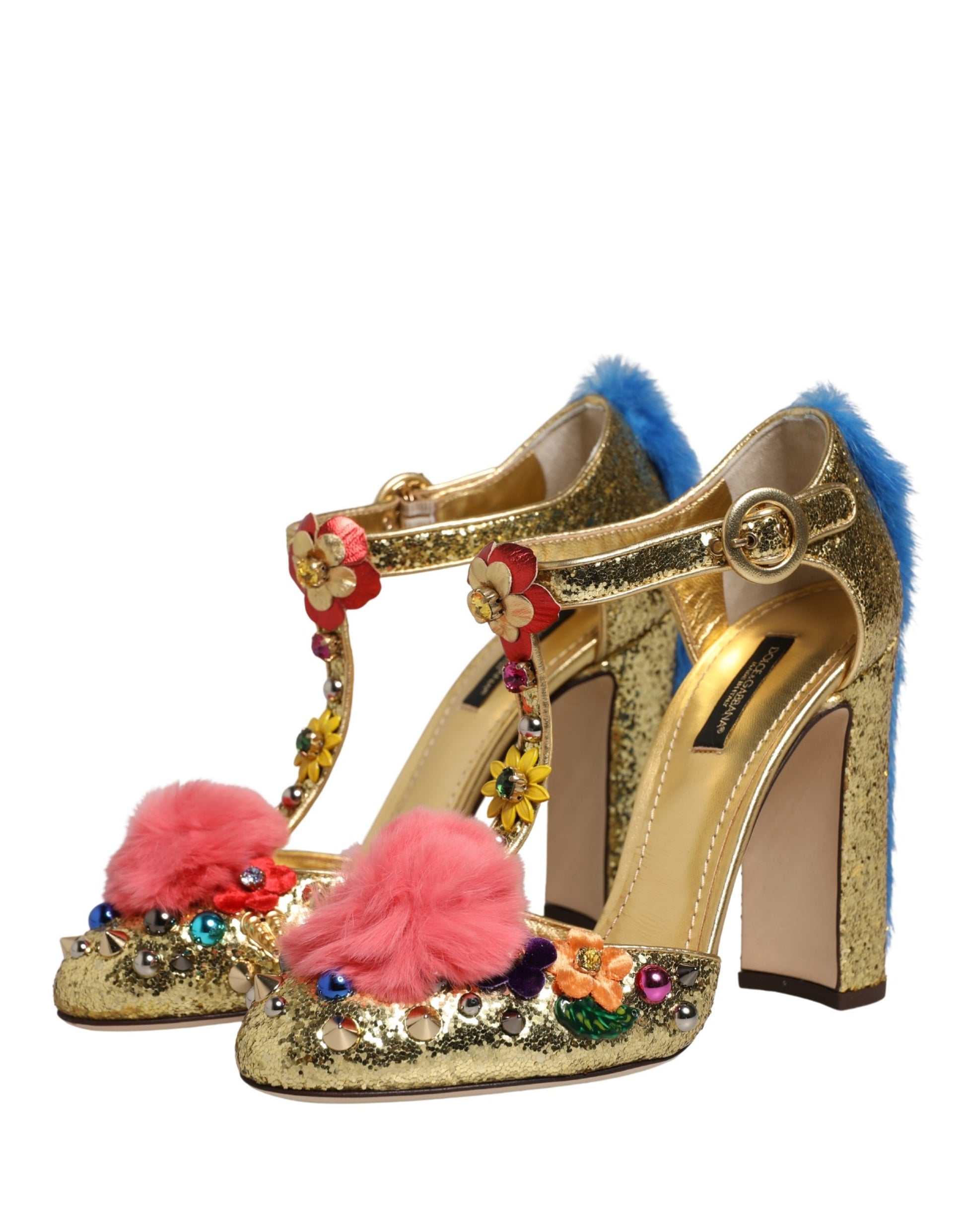 Dolce & Gabbana Gold Fur Trim Glitter T-strap Sandals Shoes