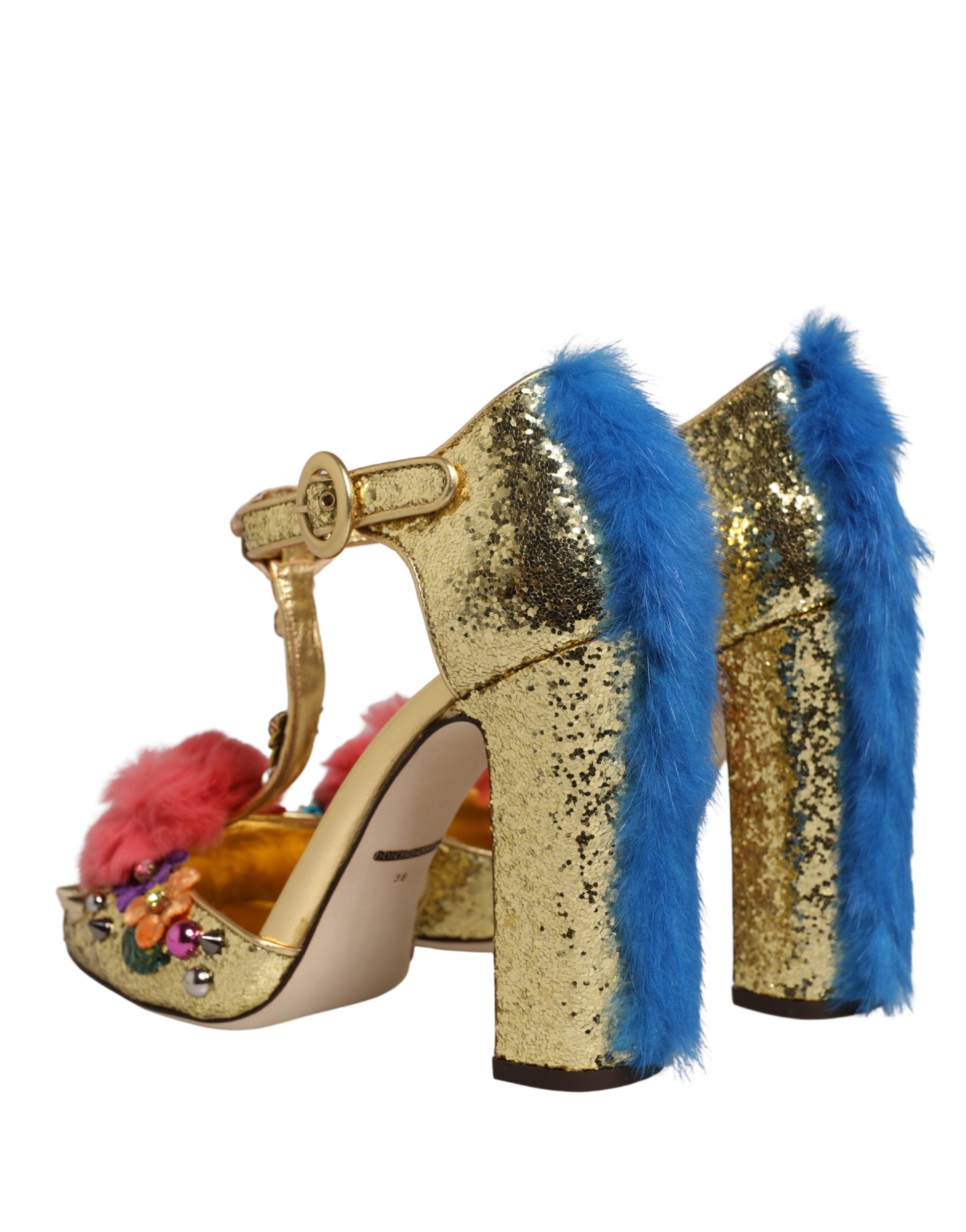 Dolce & Gabbana Gold Fur Trim Glitter T-strap Sandals Shoes