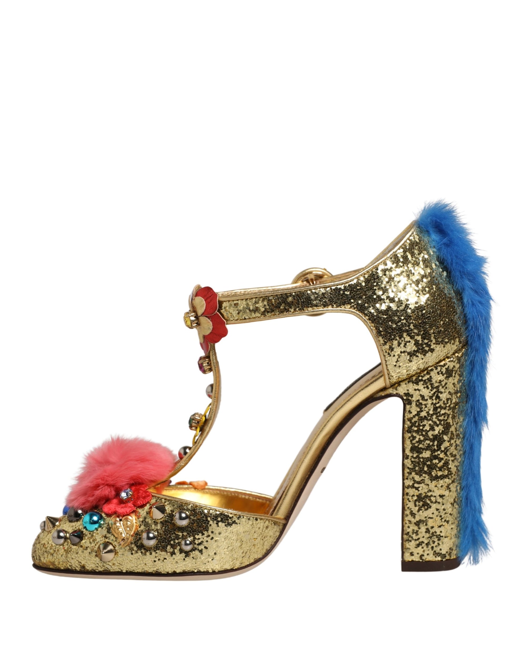 Dolce & Gabbana Gold Fur Trim Glitter T-strap Sandals Shoes