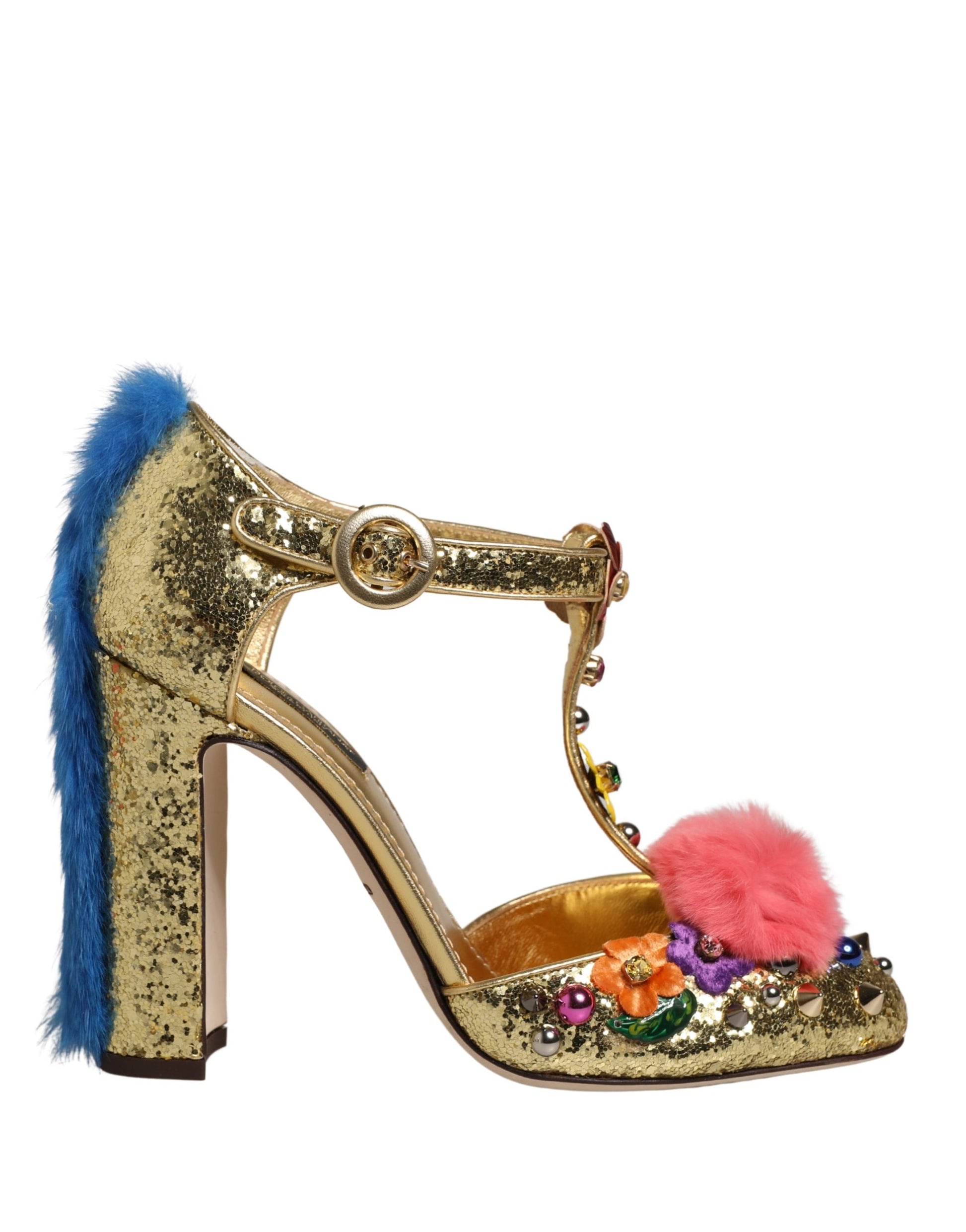 Dolce & Gabbana Gold Fur Trim Glitter T-strap Sandals Shoes
