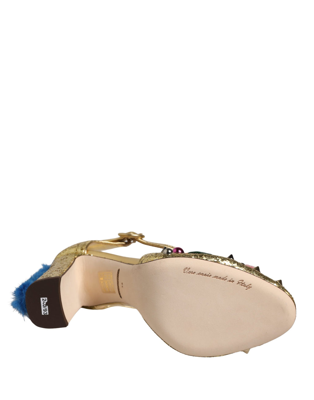 Dolce & Gabbana Gold Fur Trim Glitter T-strap Sandals Shoes