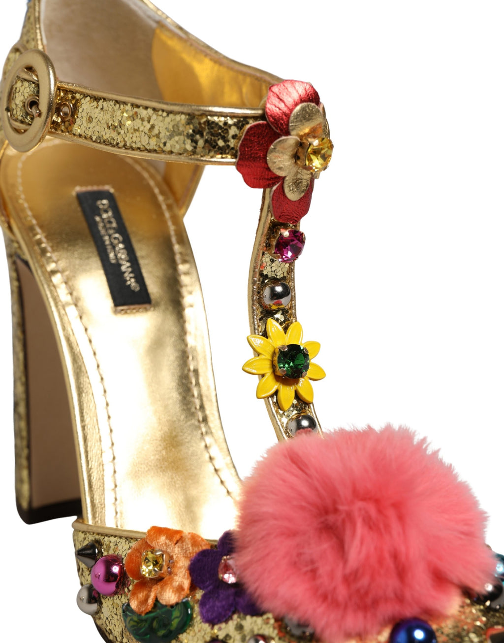 Dolce & Gabbana Goldene Glitter T-Riemen-Sandalen mit Pelzbesatz