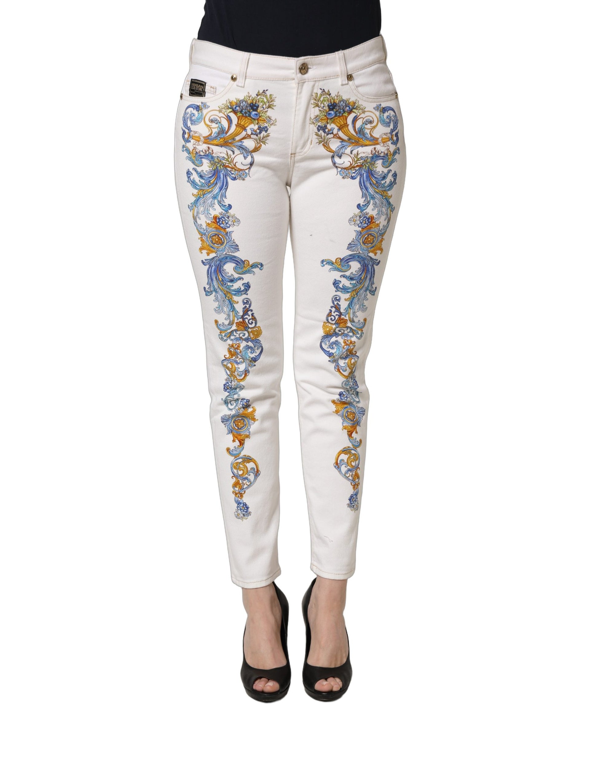 Versace Jeans Couture White Floral Print Skinny Denim Jeans