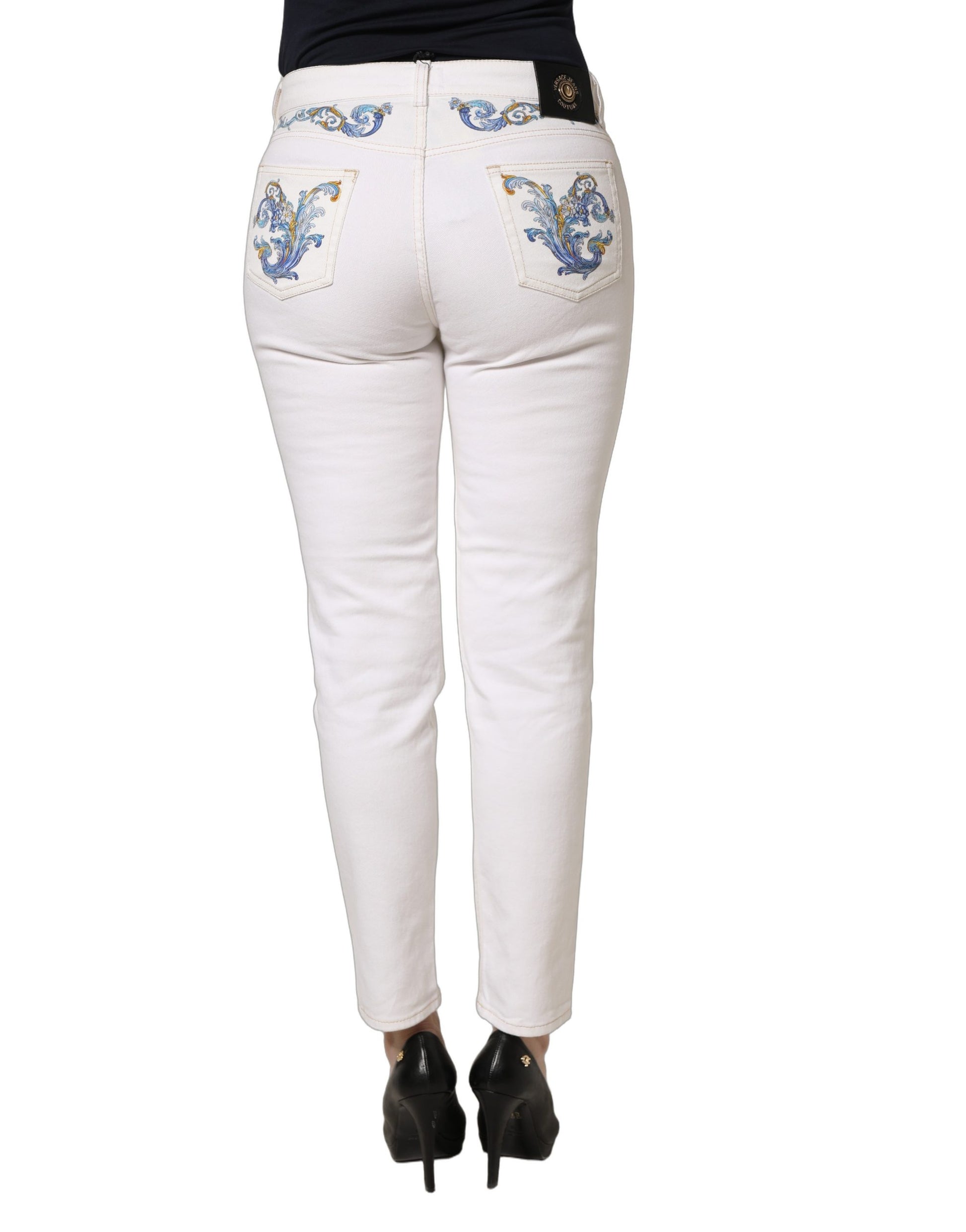 Versace Jeans Couture White Floral Print Skinny Denim Jeans