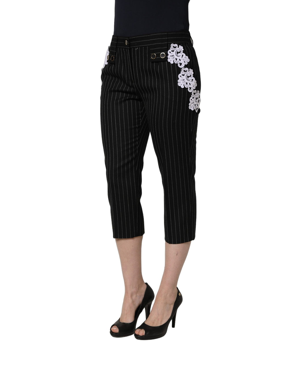 Pantalon cropped Dolce & Gabbana en tissu rayé à appliqués de dentelle noire