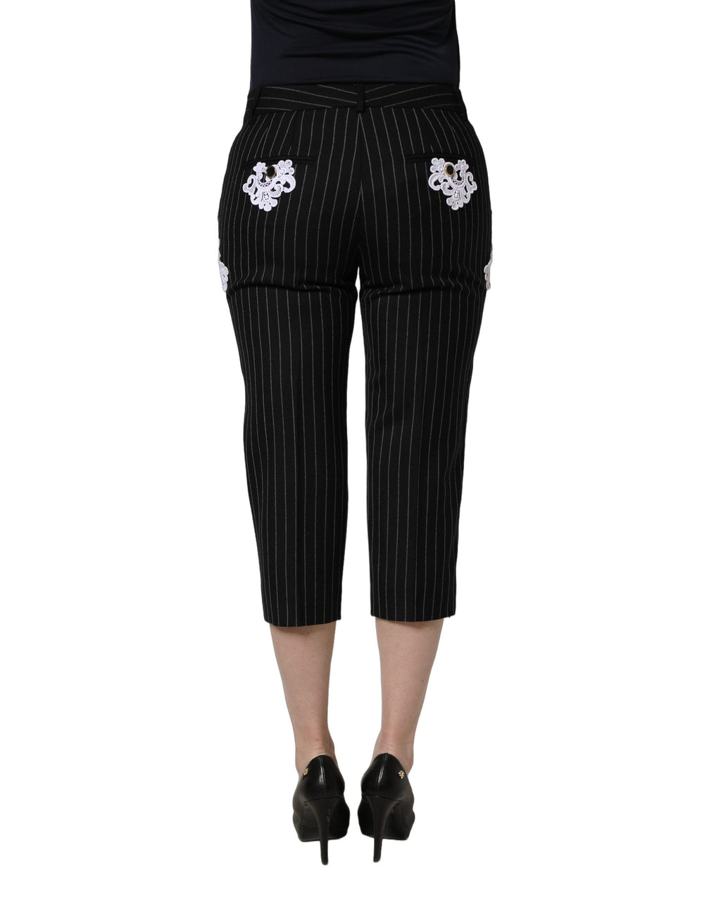 Pantalon cropped Dolce & Gabbana en tissu rayé à appliqués de dentelle noire