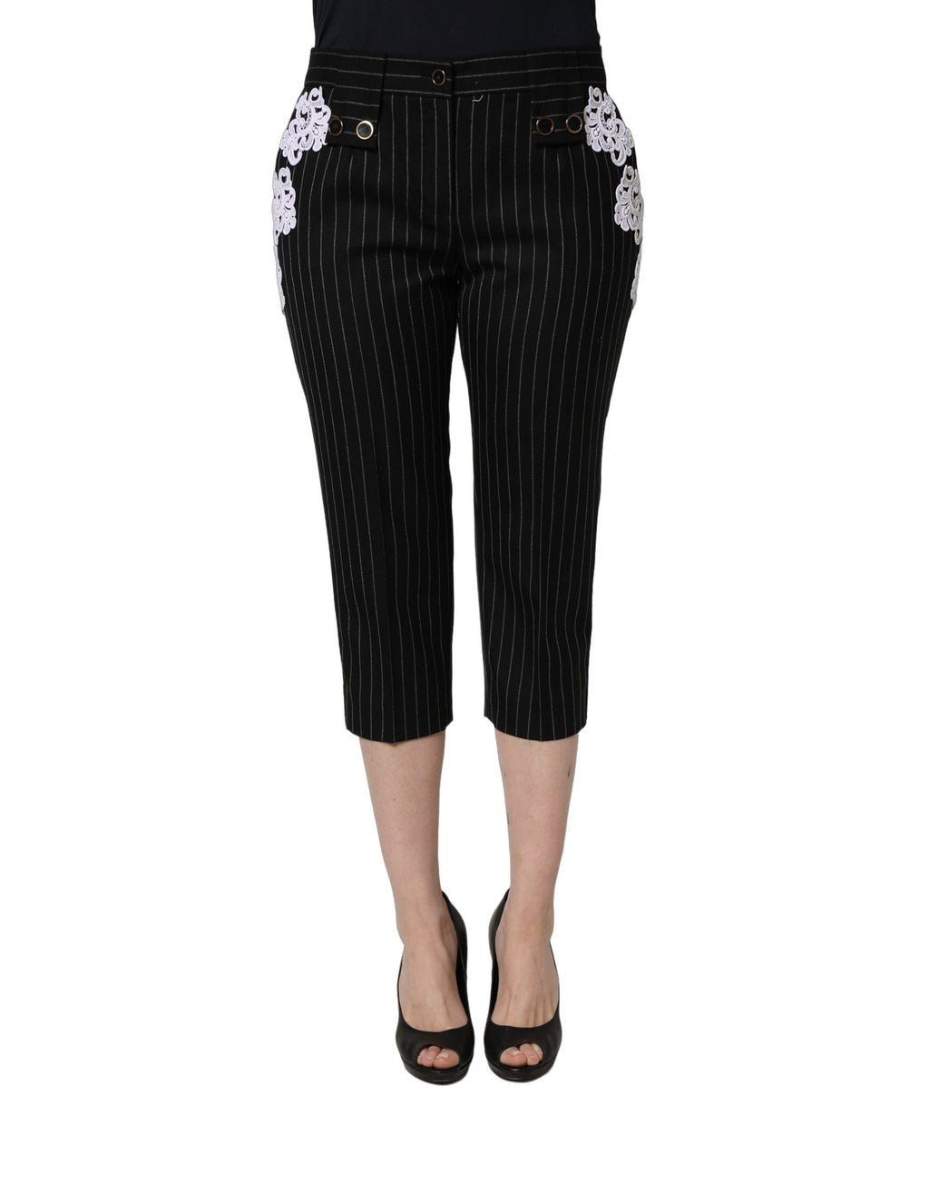 Pantalon cropped Dolce & Gabbana en tissu rayé à appliqués de dentelle noire