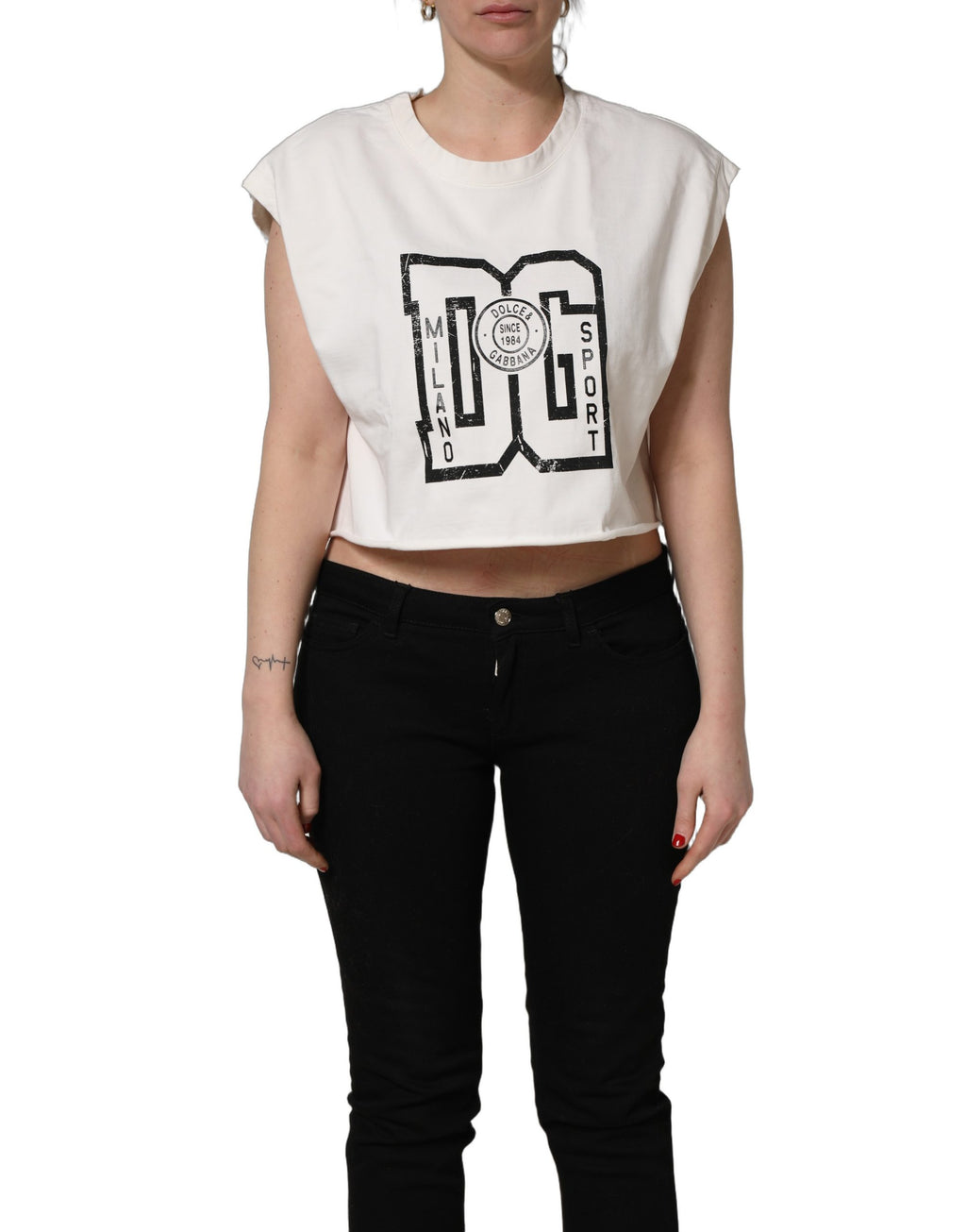 Haut court en jersey de coton blanc à imprimé logo DG Dolce & Gabbana