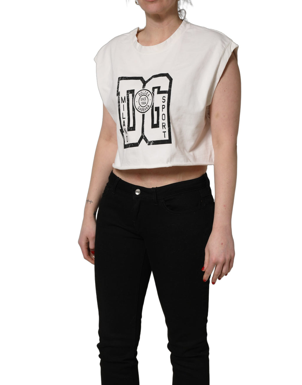 Haut court en jersey de coton blanc à imprimé logo DG Dolce & Gabbana