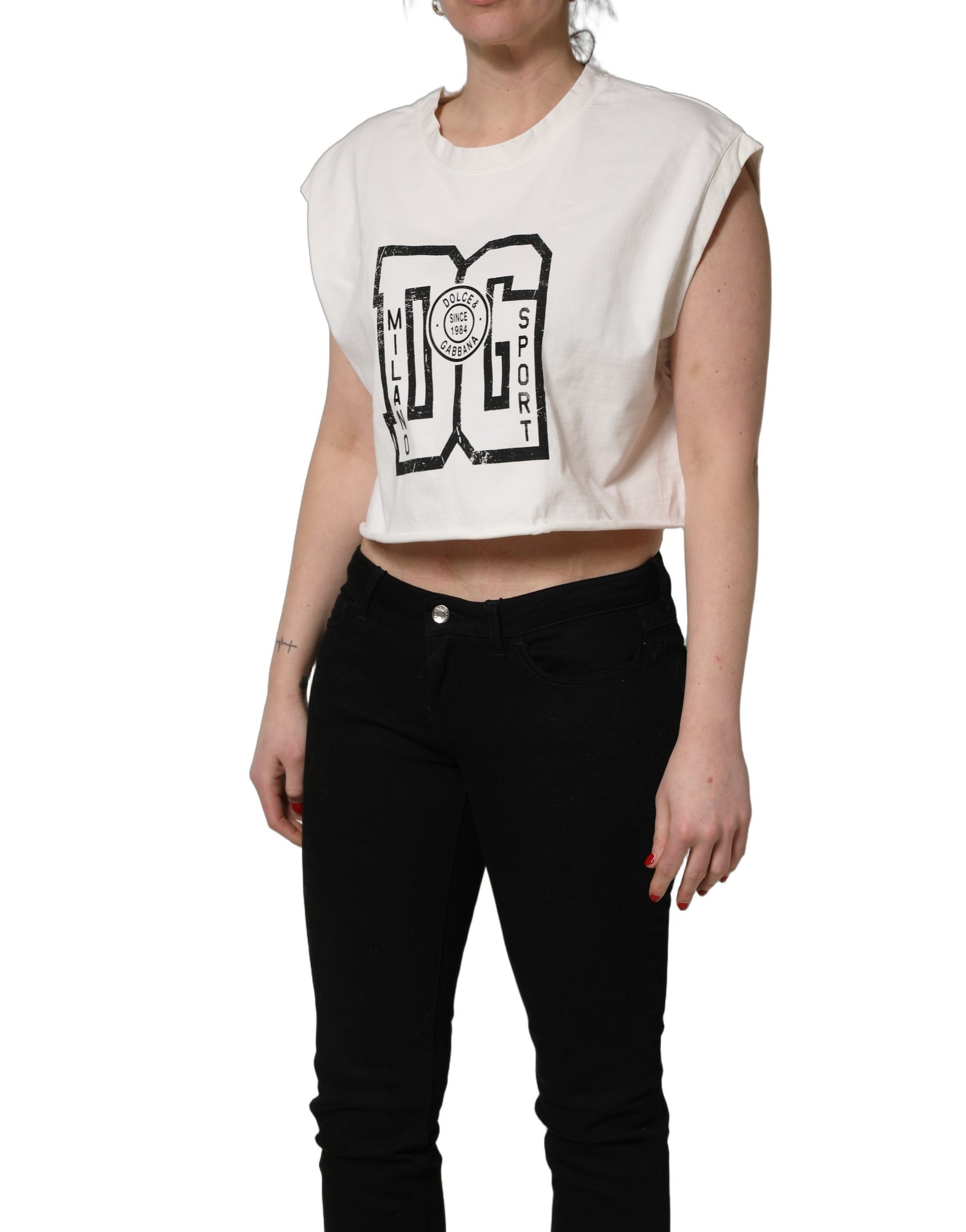 Haut court en jersey de coton blanc à imprimé logo DG Dolce & Gabbana