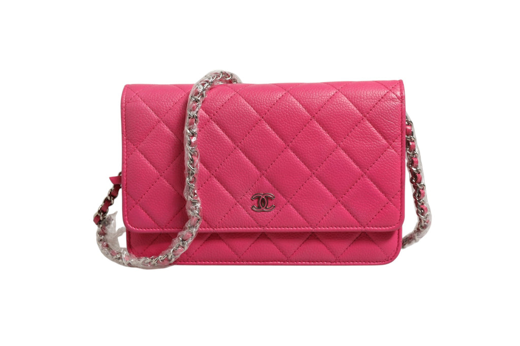Chanel portefeuille chaîne WOC en agneau matelassé rose, finitions argentées