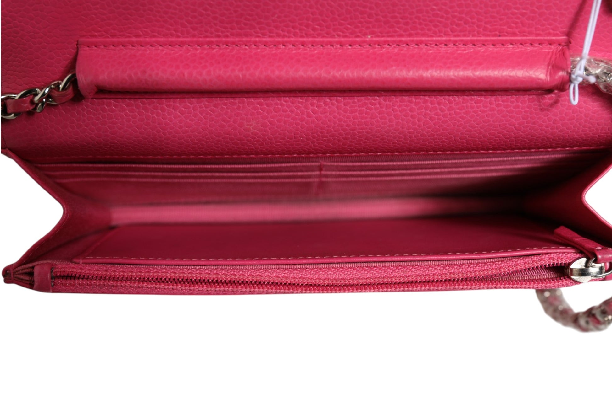Chanel portefeuille chaîne WOC en agneau matelassé rose, finitions argentées