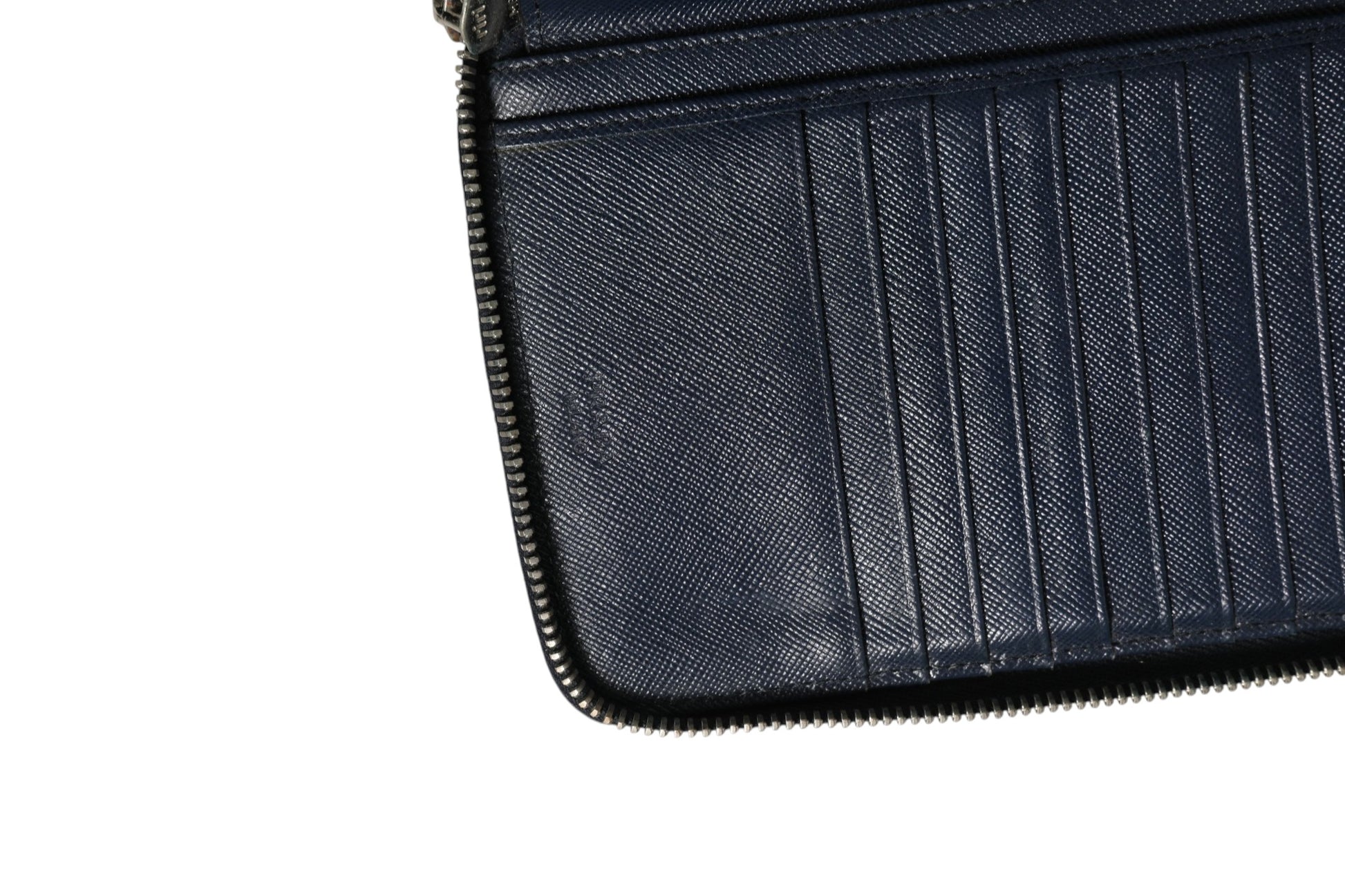 Portefeuille zippé Prada Navy Oliver en cuir gaufré