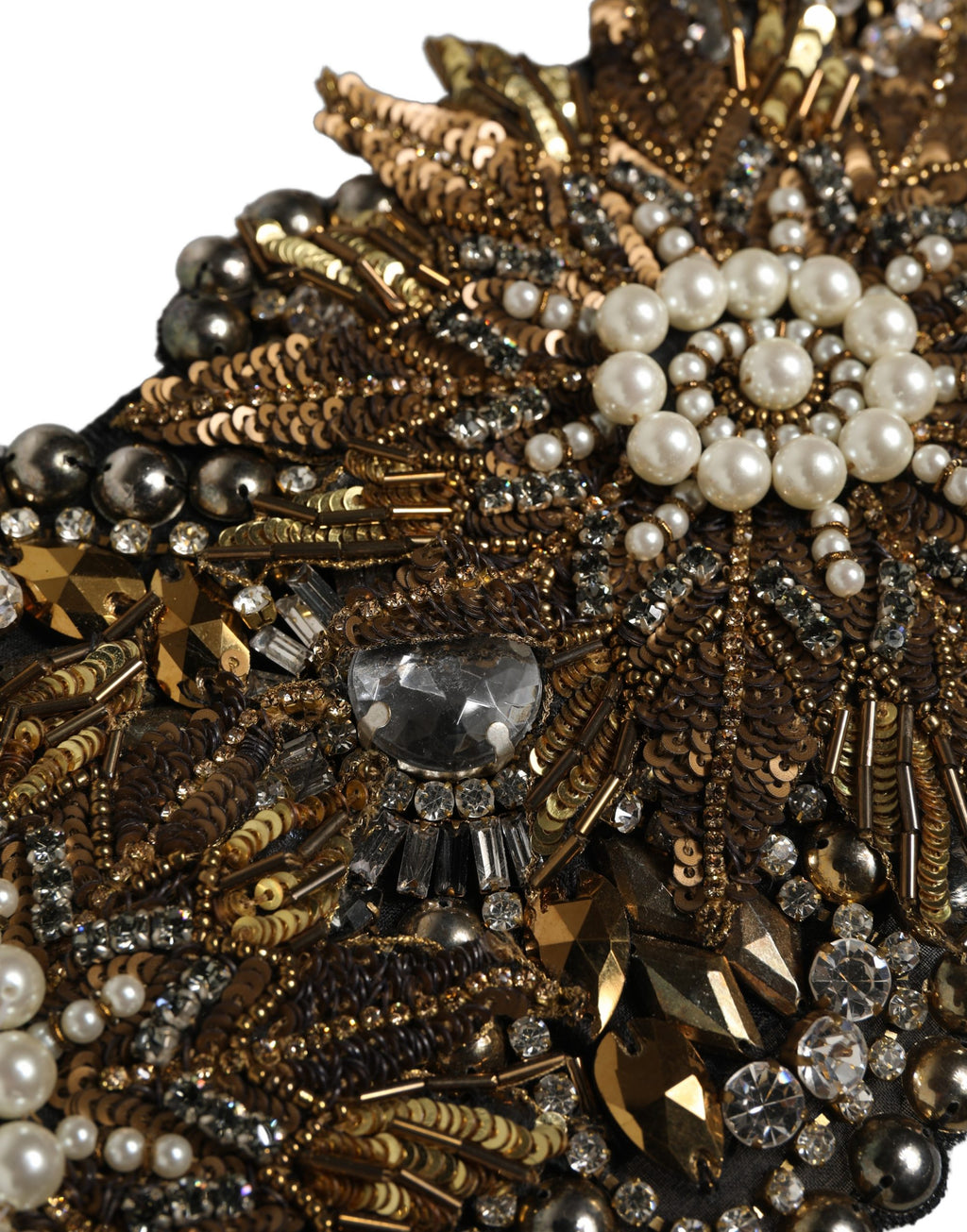 Dolce & Gabbana Black Gold Tone Crystal Brass Flower Brooches Belt