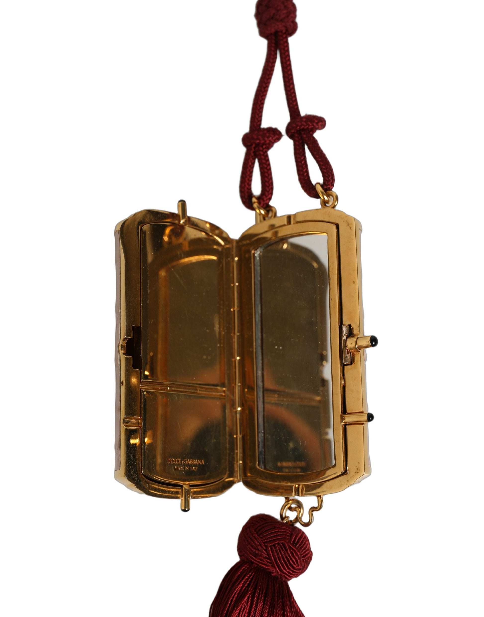 Trousse de maquillage mini miroir à pampilles en cuir exotique rose Dolce & Gabbana