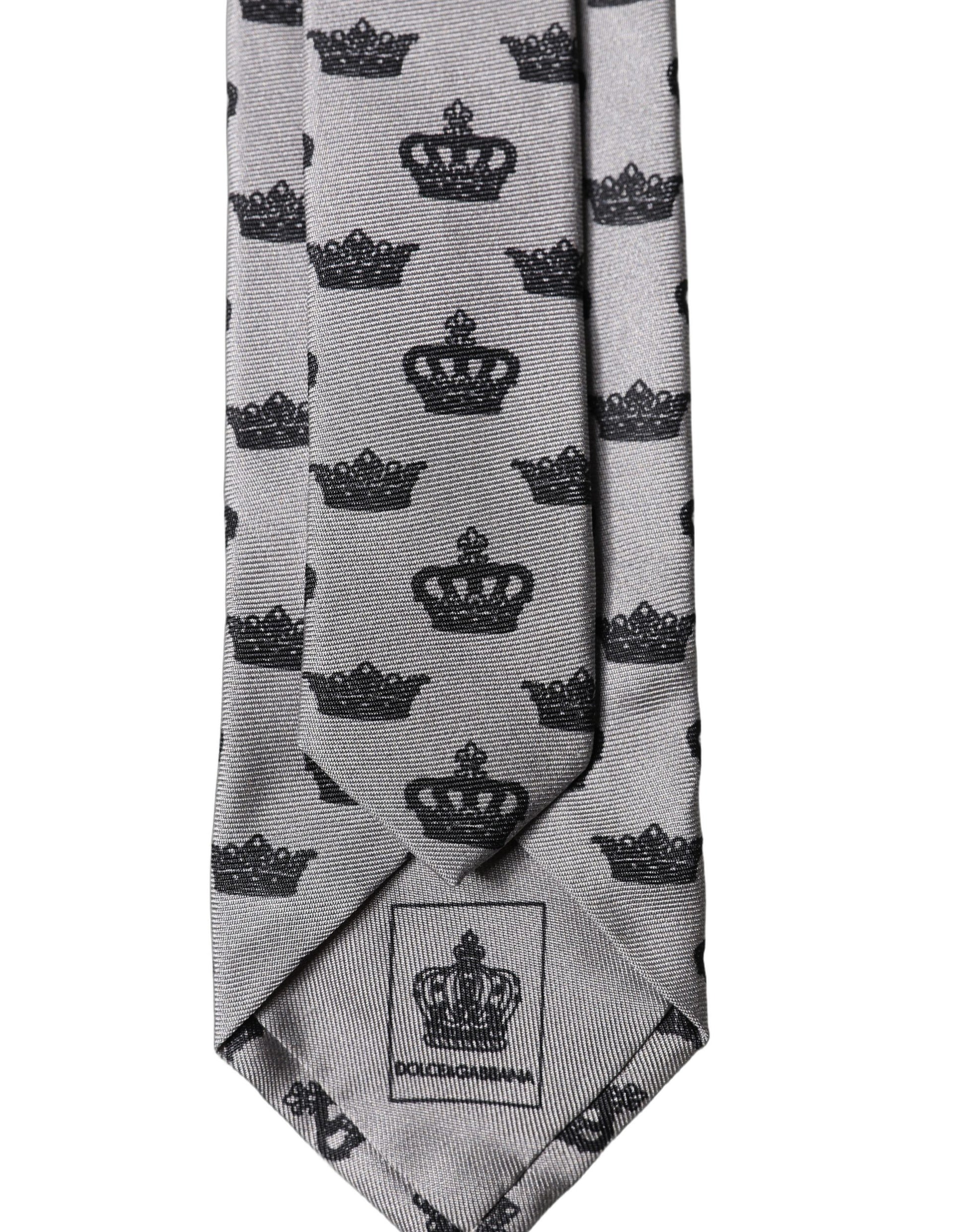 Dolce & Gabbana Gray Crown Fantasy Silk Adjustable Men Tied Necktie Tie