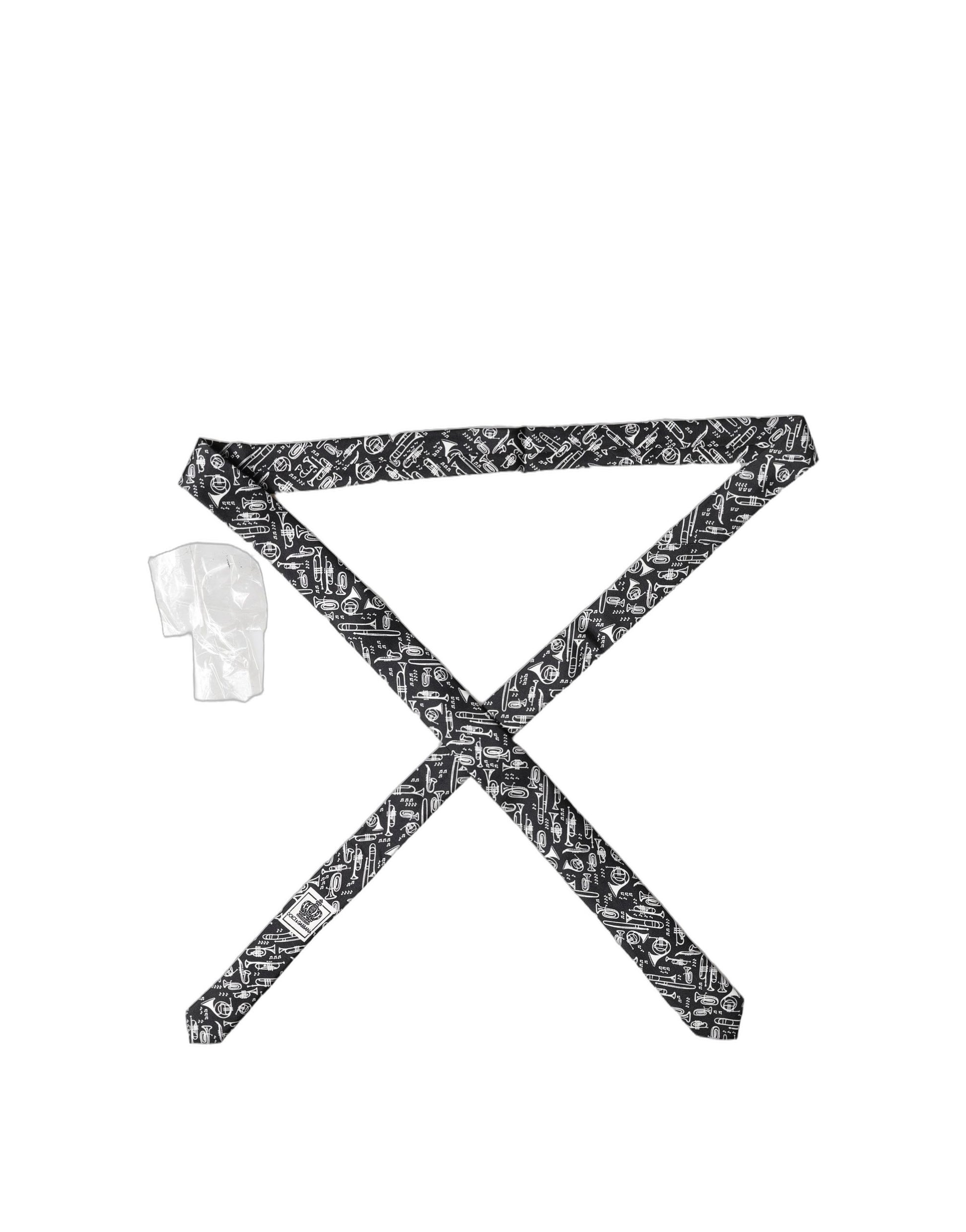 Dolce & Gabbana Black Trumpet Print Silk Adjustable Men Tied Necktie Tie