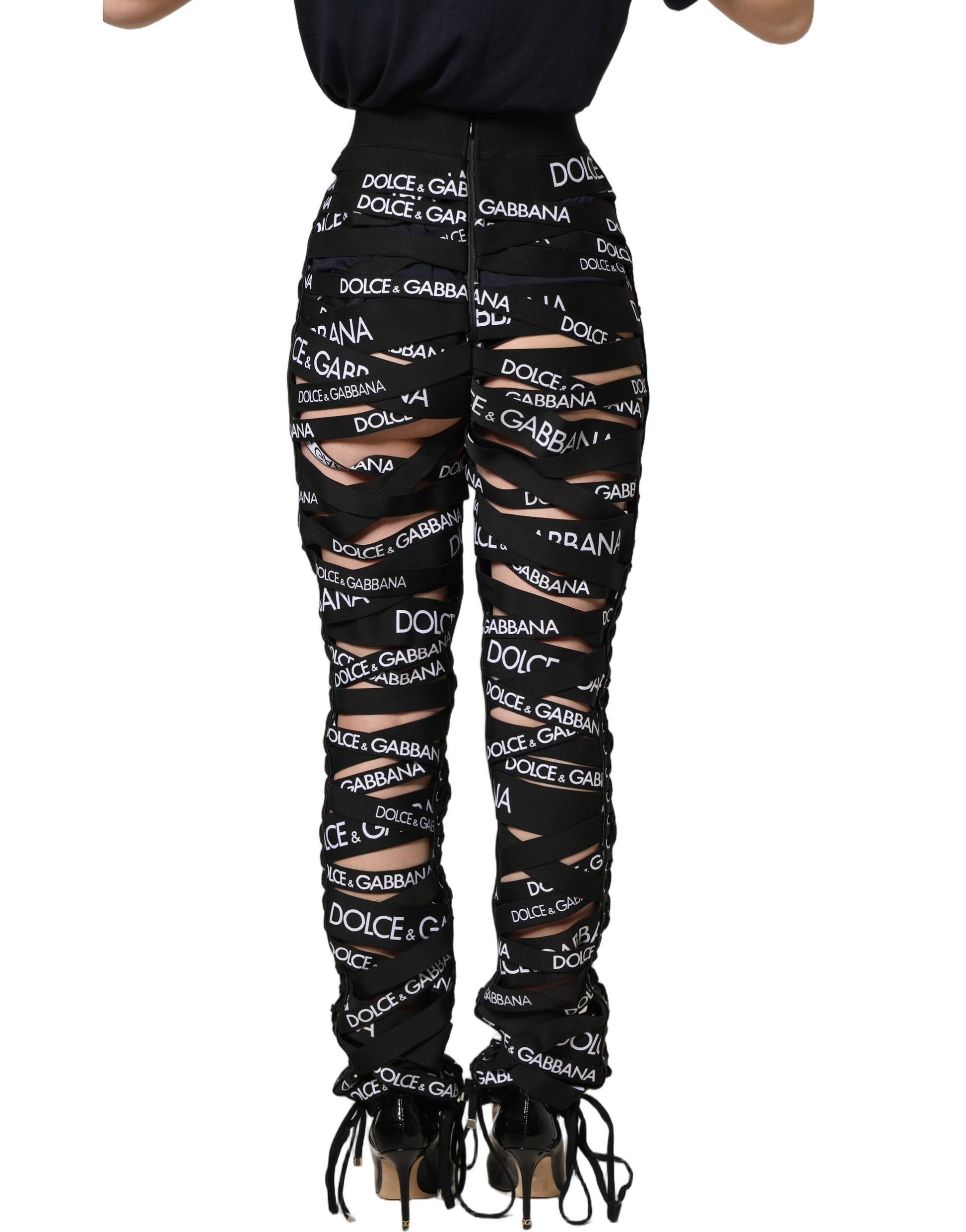 Dolce & Gabbana Black Logo Tape Cut Out Skinny High Waist Pants