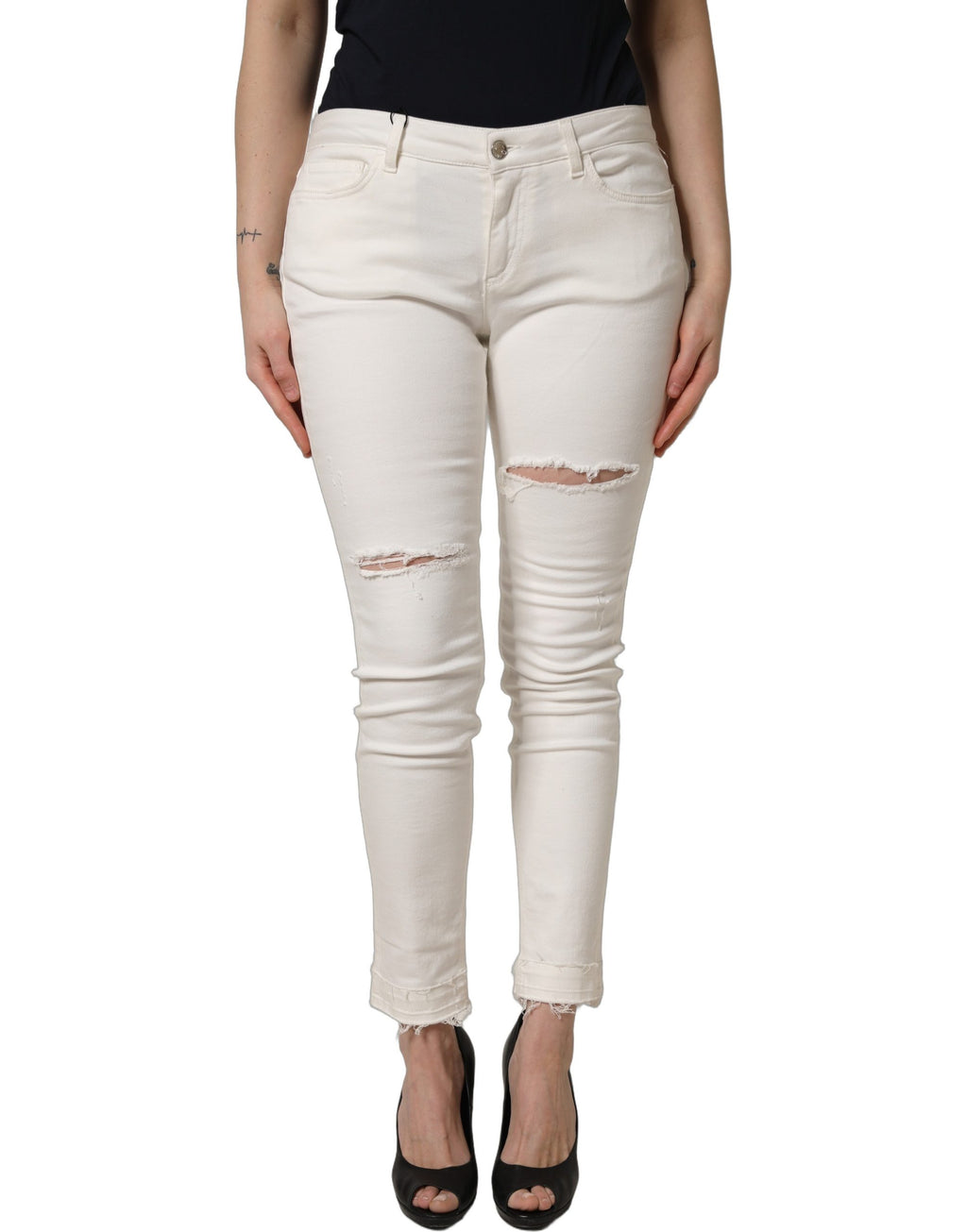 Jean slim en denim de coton blanc déchiré Dolce & Gabbana