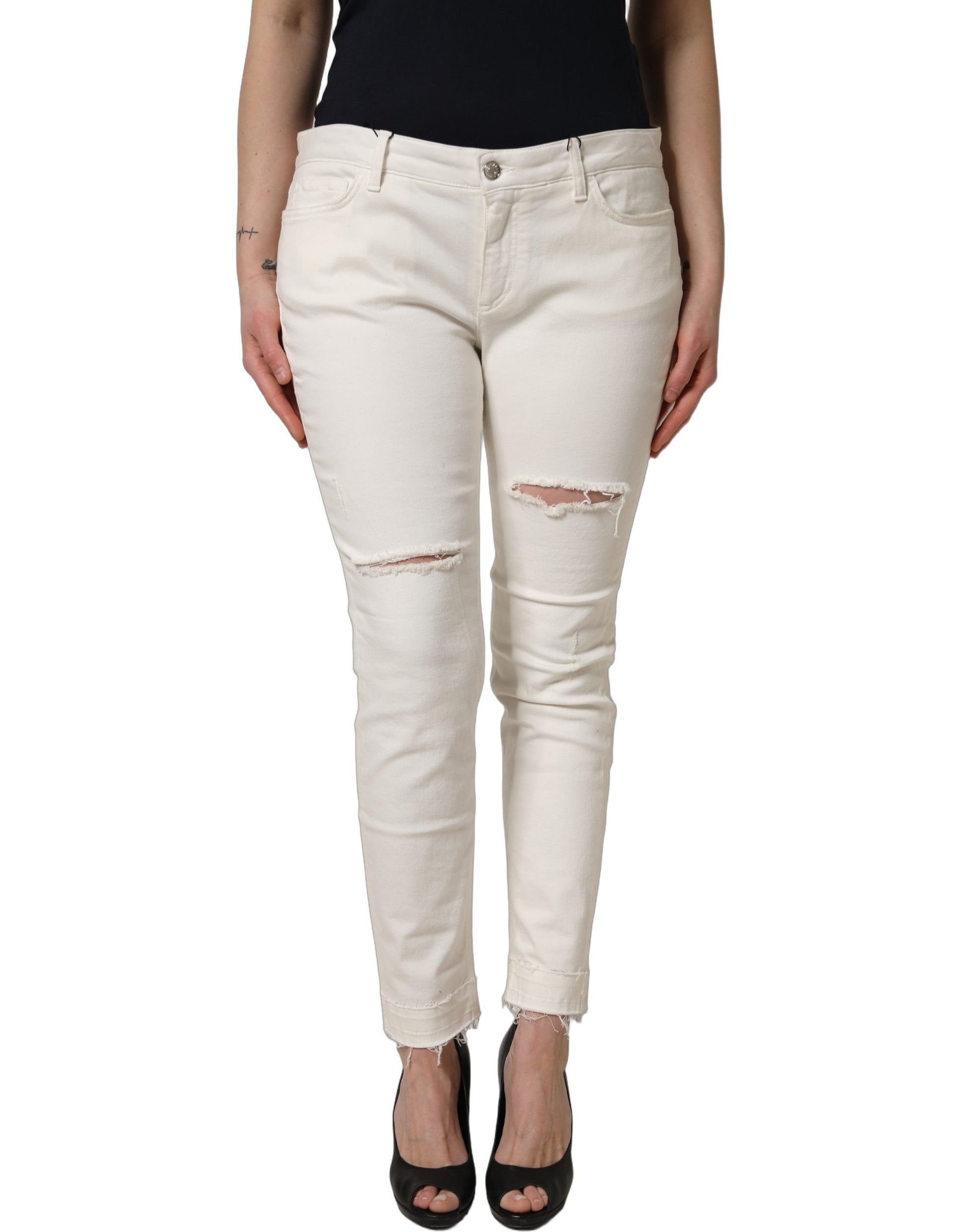 Jean slim en denim de coton blanc déchiré Dolce & Gabbana