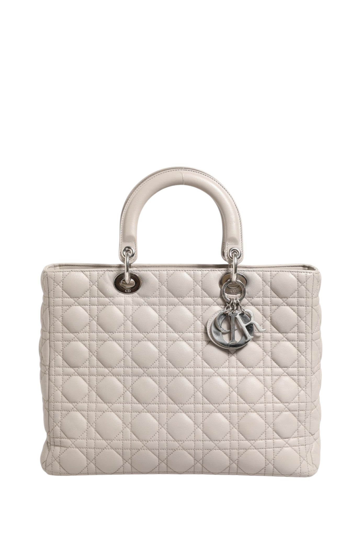 Sac Christian Dior Lady Dior grand modèle en agneau Cannage gris