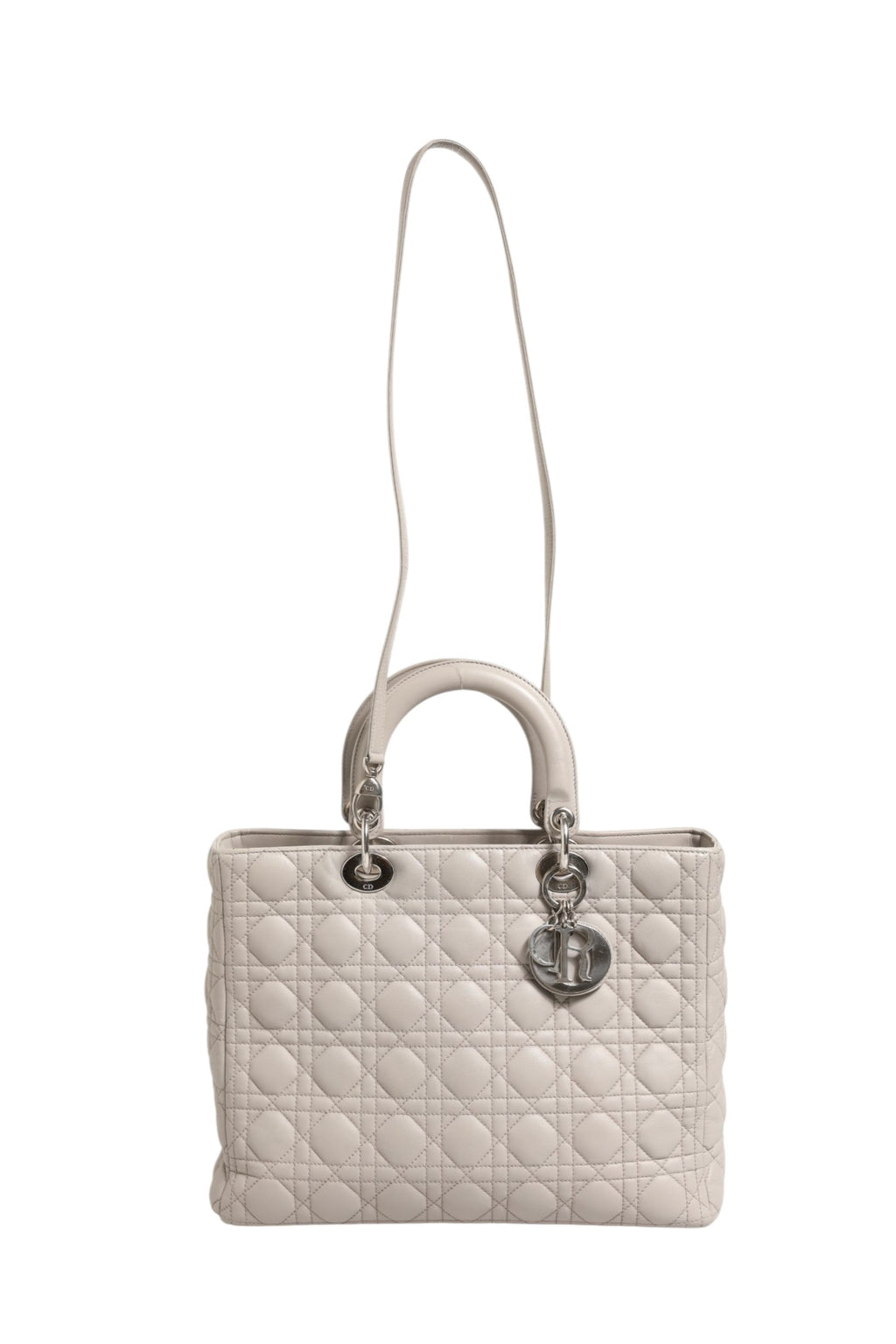 Sac Christian Dior Lady Dior grand modèle en agneau Cannage gris