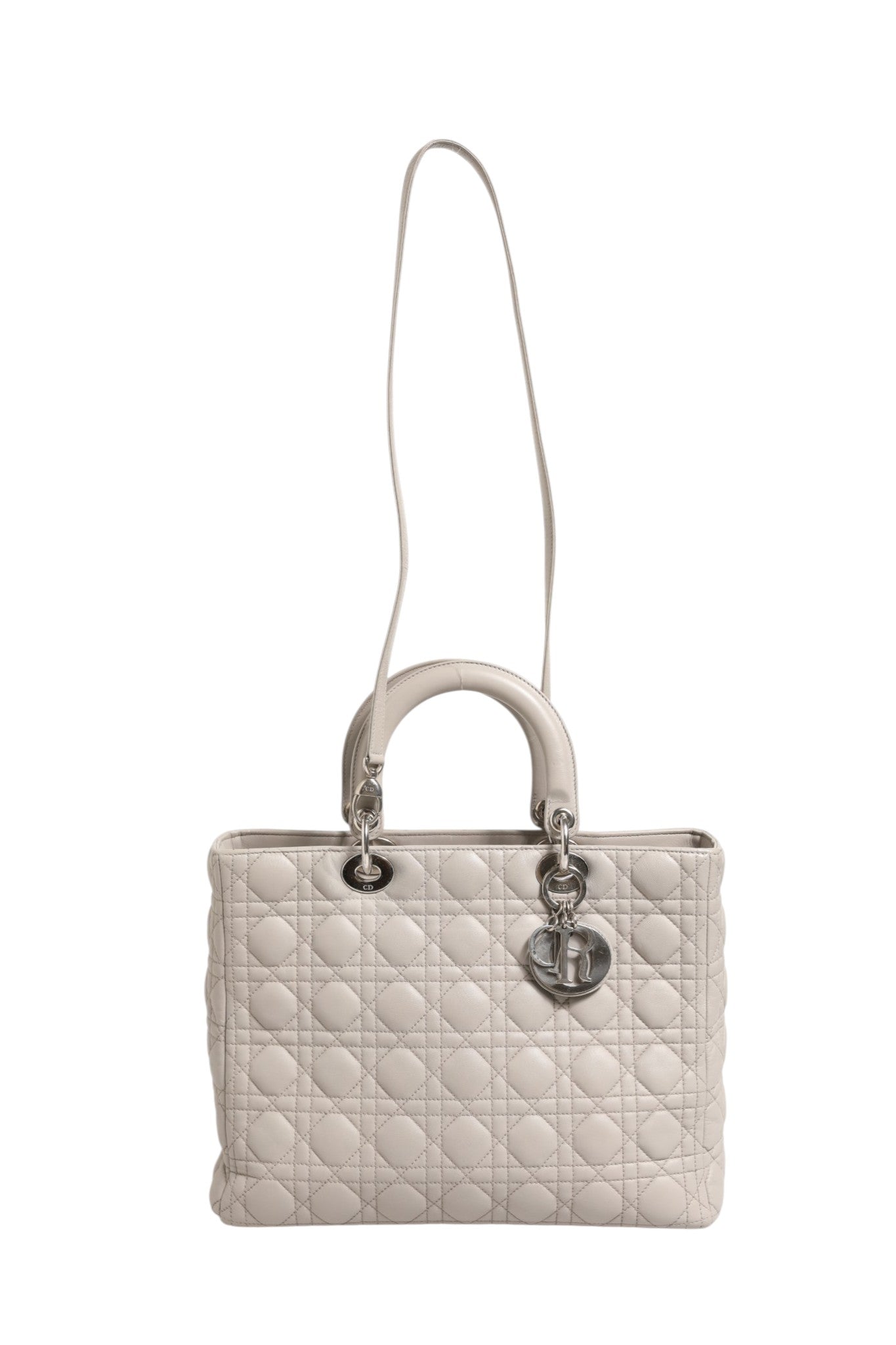 Sac Christian Dior Lady Dior grand modèle en agneau Cannage gris