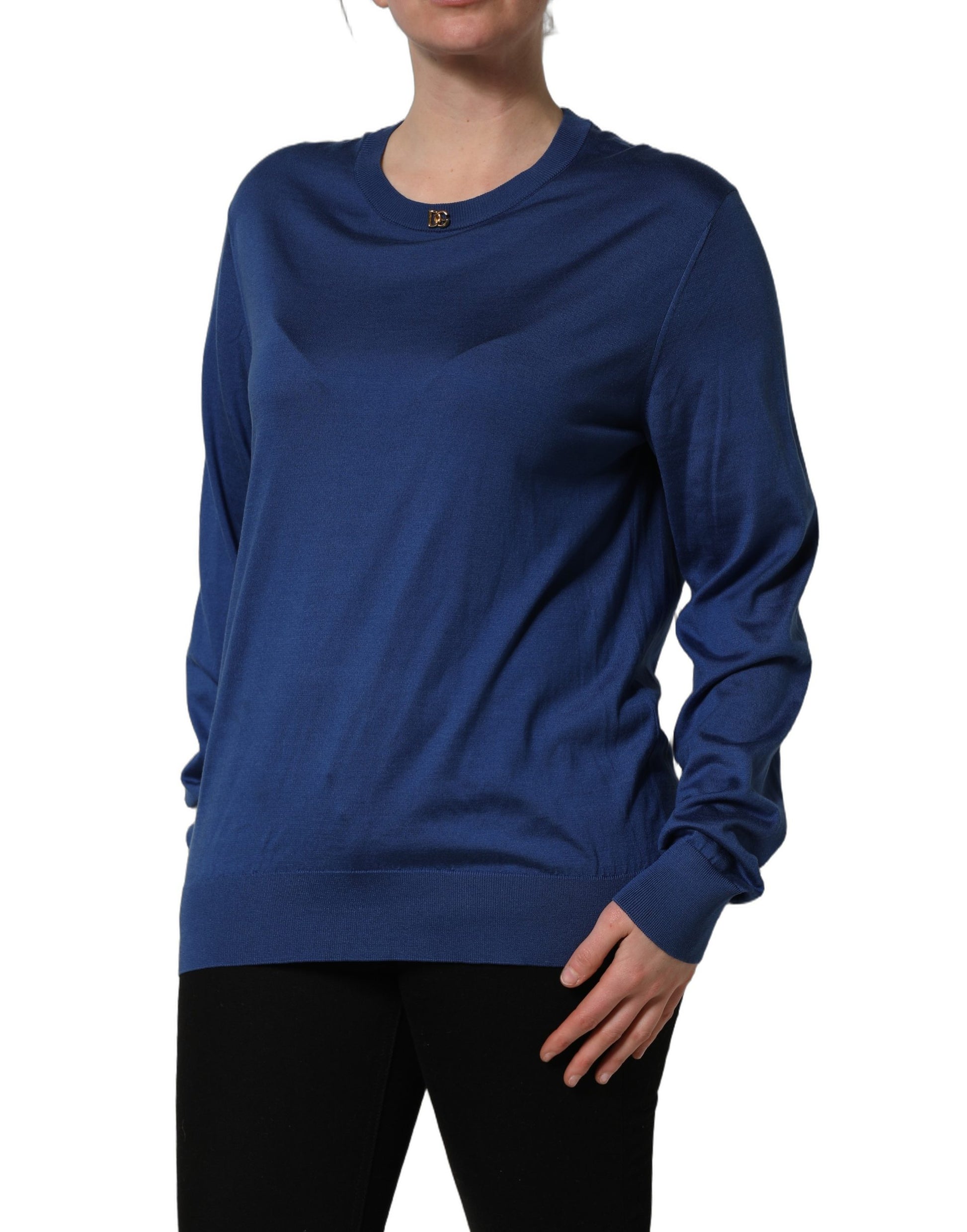 Pull en soie bleu Dolce & Gabbana avec logo DG et col rond