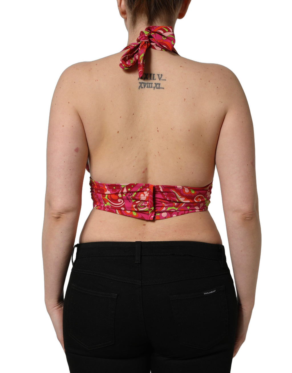 Débardeur court en soie rouge à motif cachemire, avec encolure dos nu, Dolce & Gabbana