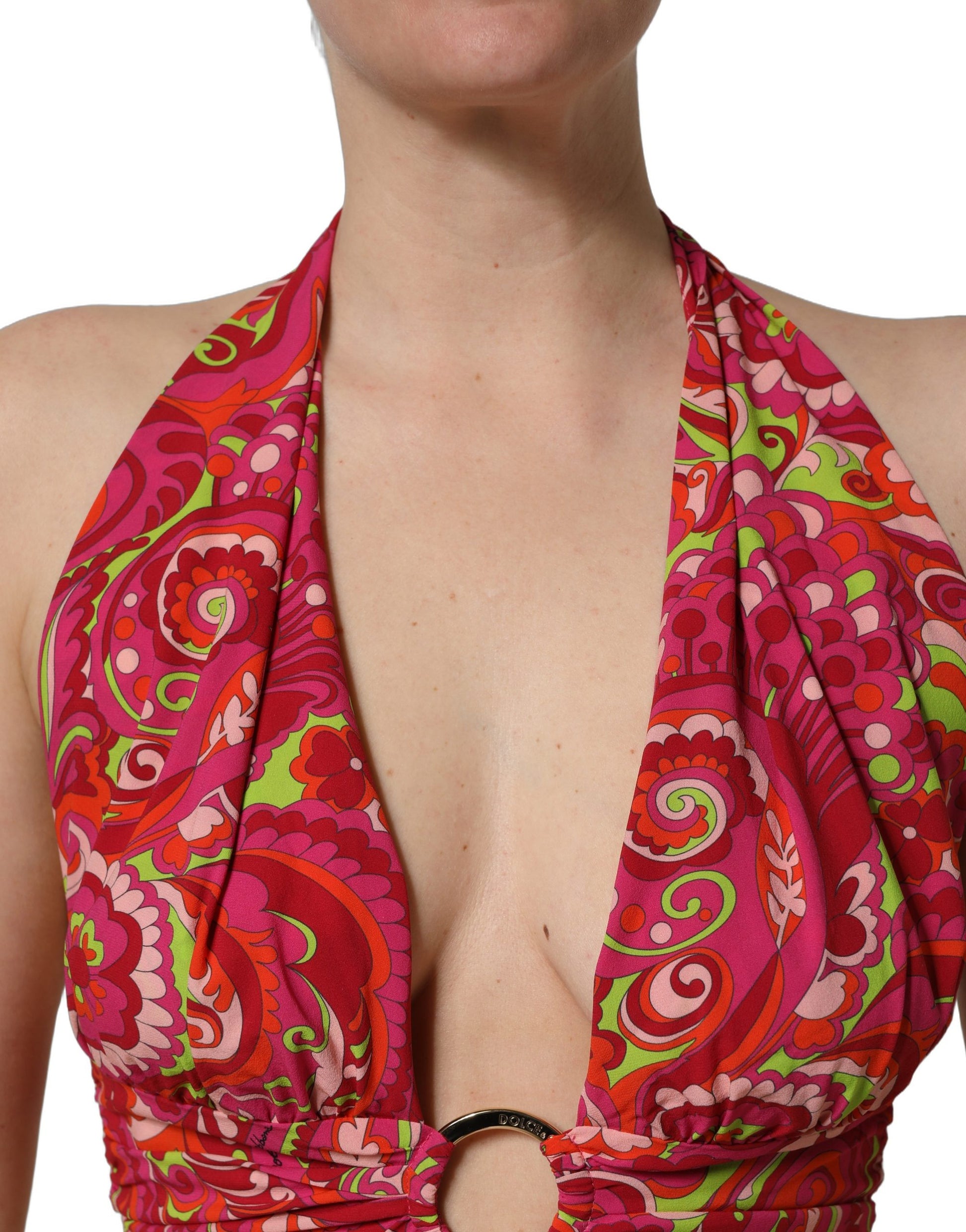Débardeur court en soie rouge à motif cachemire, avec encolure dos nu, Dolce & Gabbana