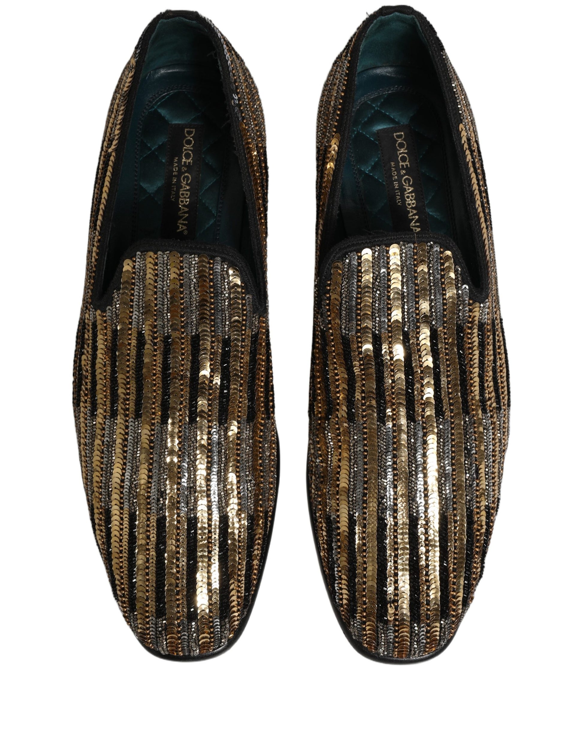 Dolce & Gabbana Gold Striped Sequin Embellished Loafer Shoes