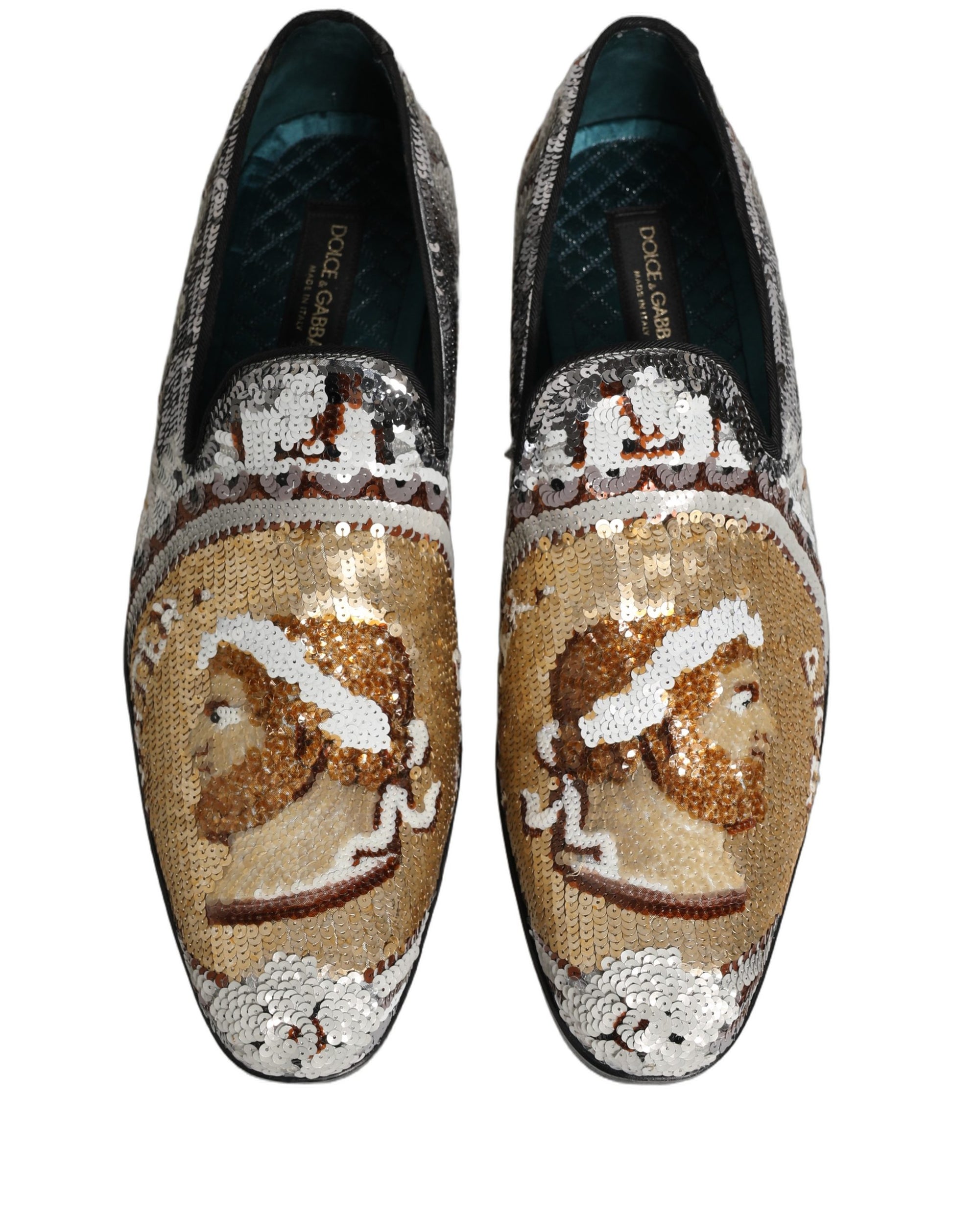 Dolce & Gabbana White Gold Sequined Slip On Loafers Shoes