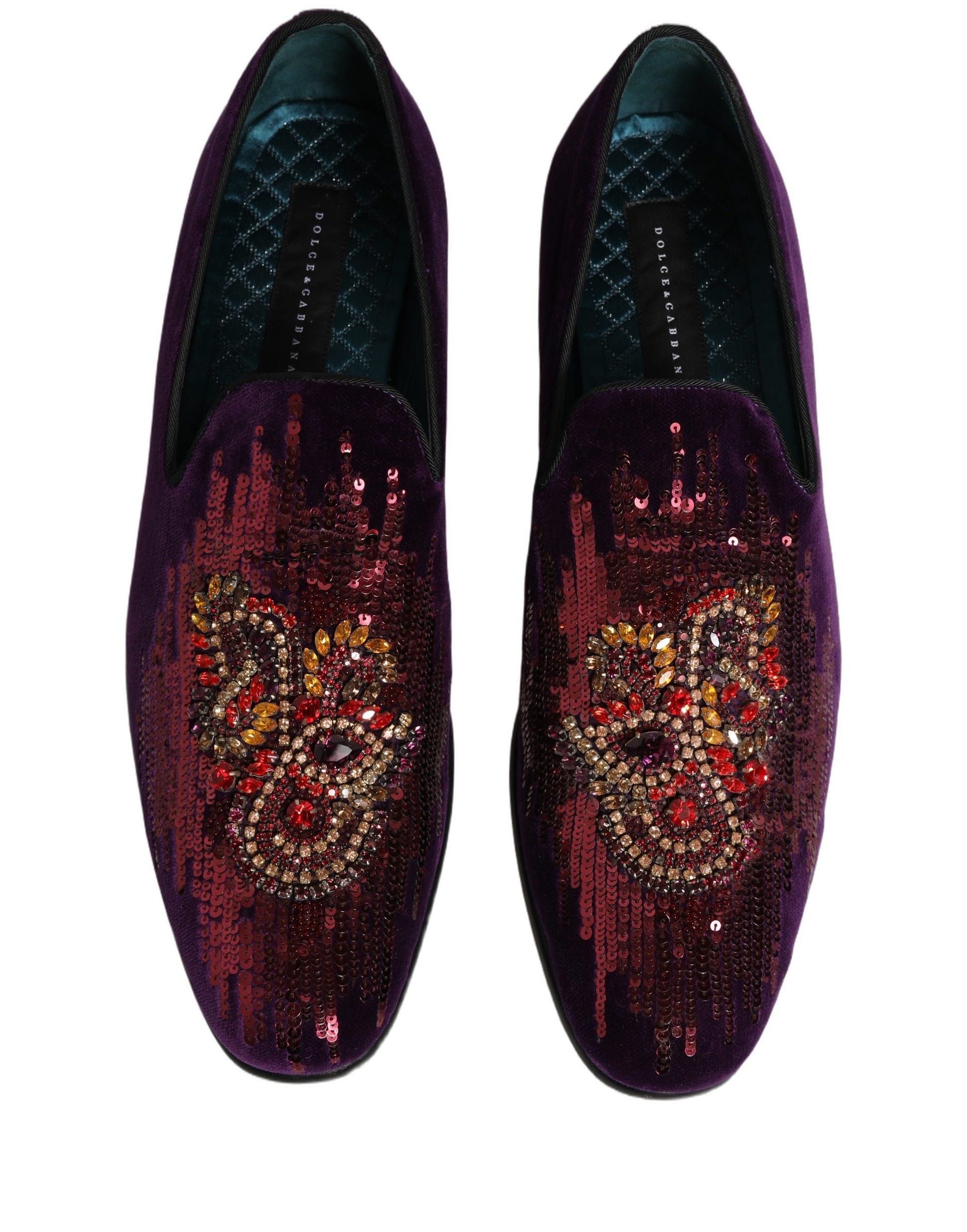 Dolce & Gabbana Violet Velvet Rhinestone Sequin Loafers Shoes