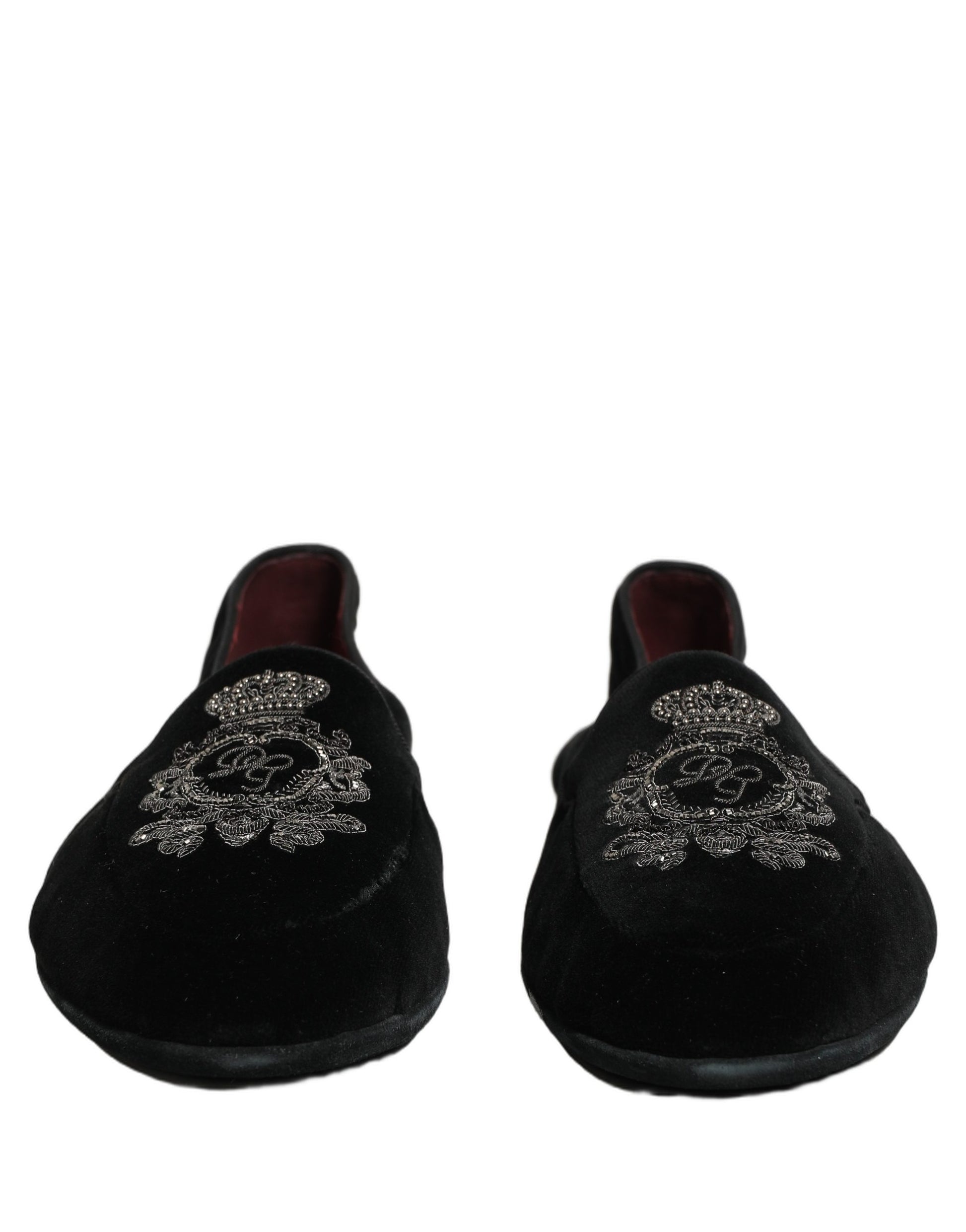 Dolce & Gabbana Black Velvet Crown Embroidery Loafers Shoes