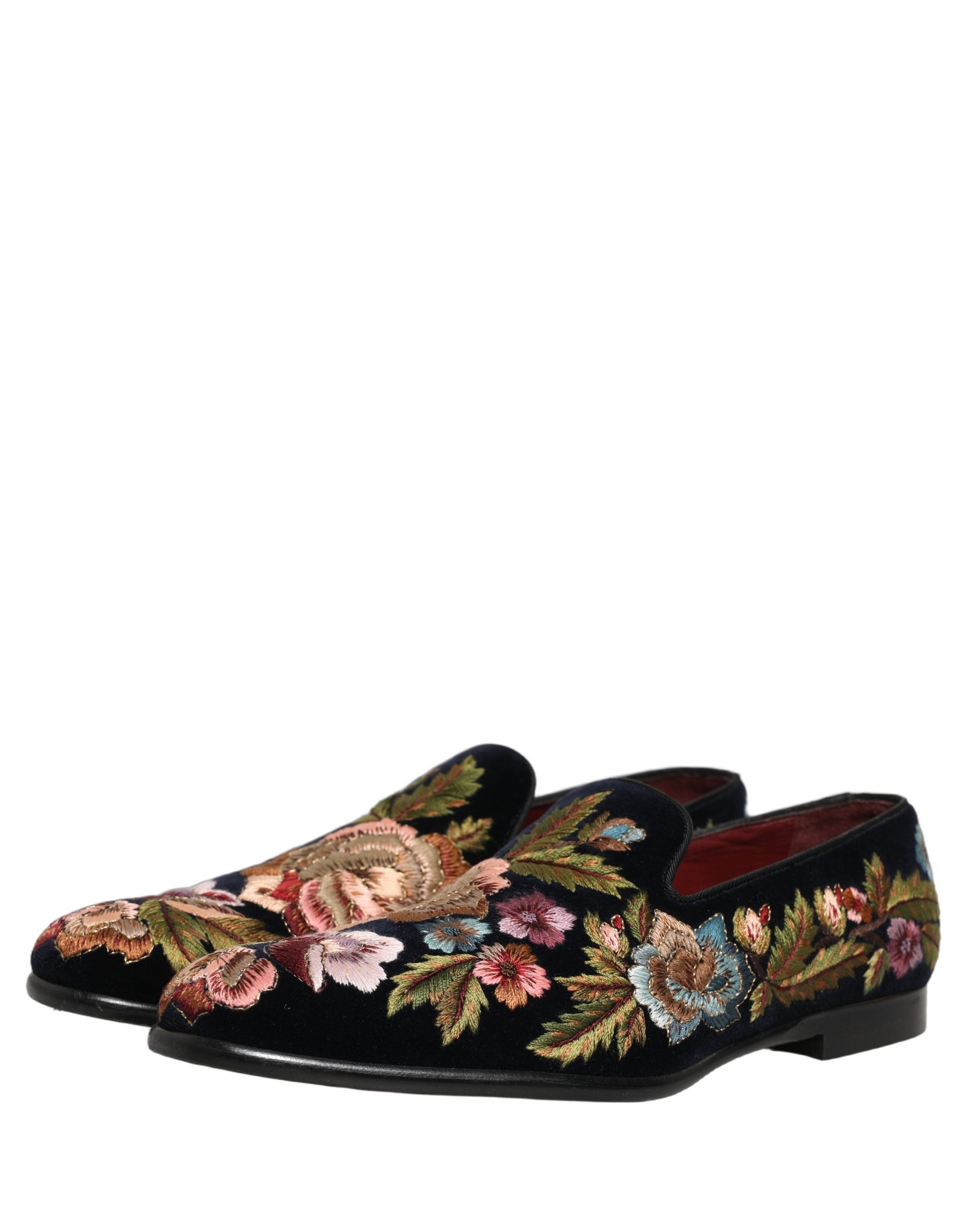 Chaussures Mocassins en Velours Noir Broderie Florale Dolce & Gabbana