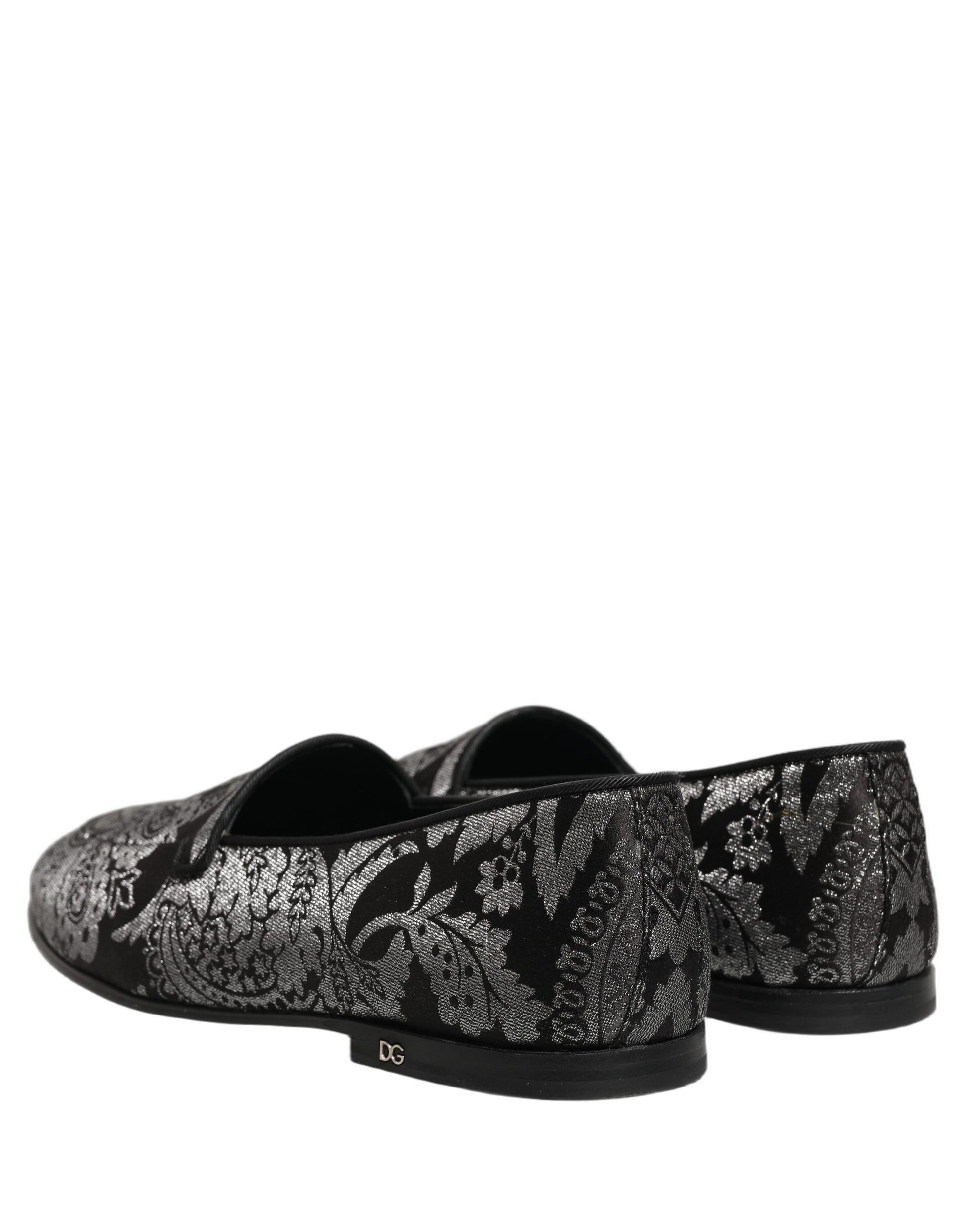 Dolce & Gabbana Silver Jacquard Leather Slip On Loafers Shoes