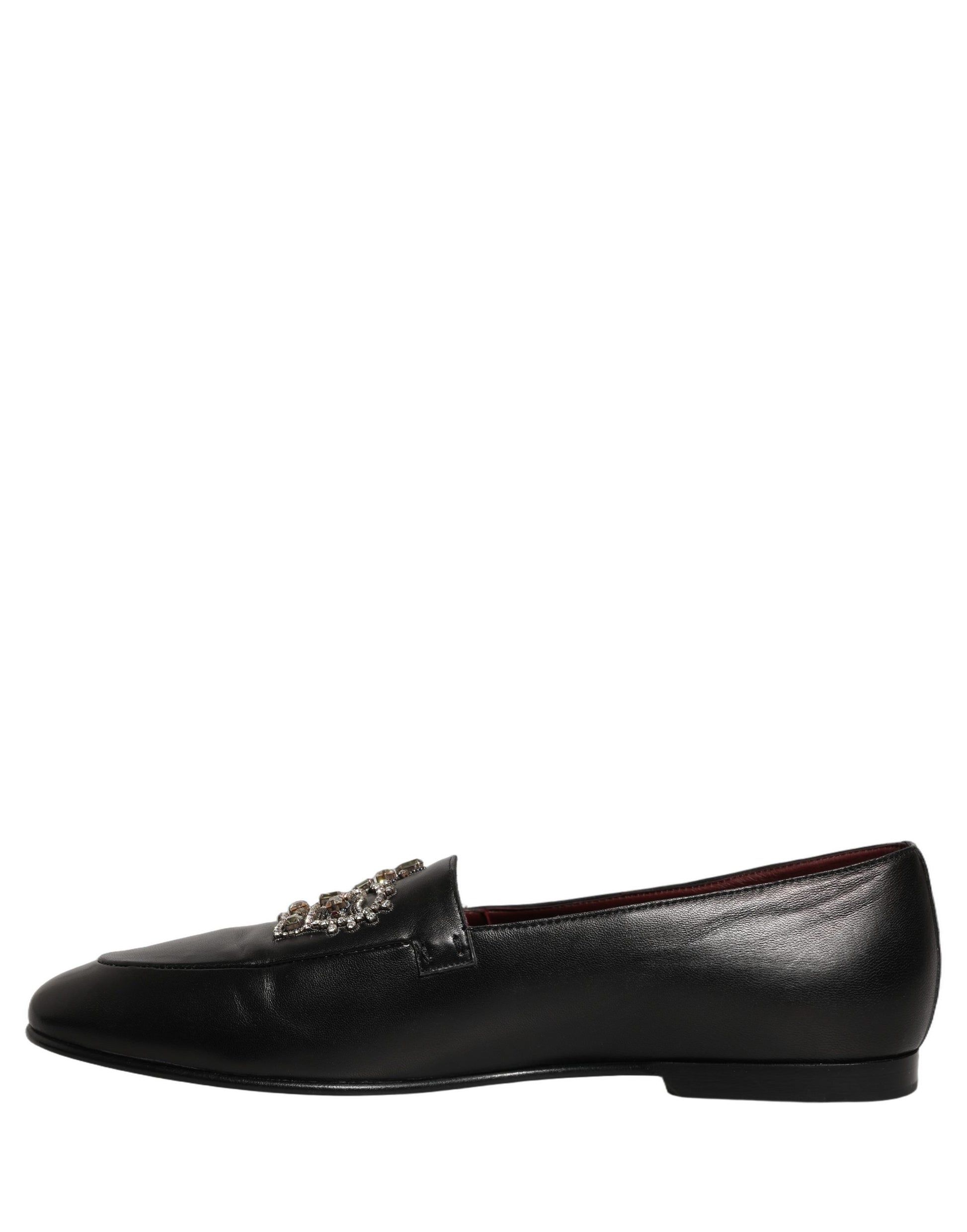 Dolce & Gabbana Black Leather Crown Embellished Loafers Shoes