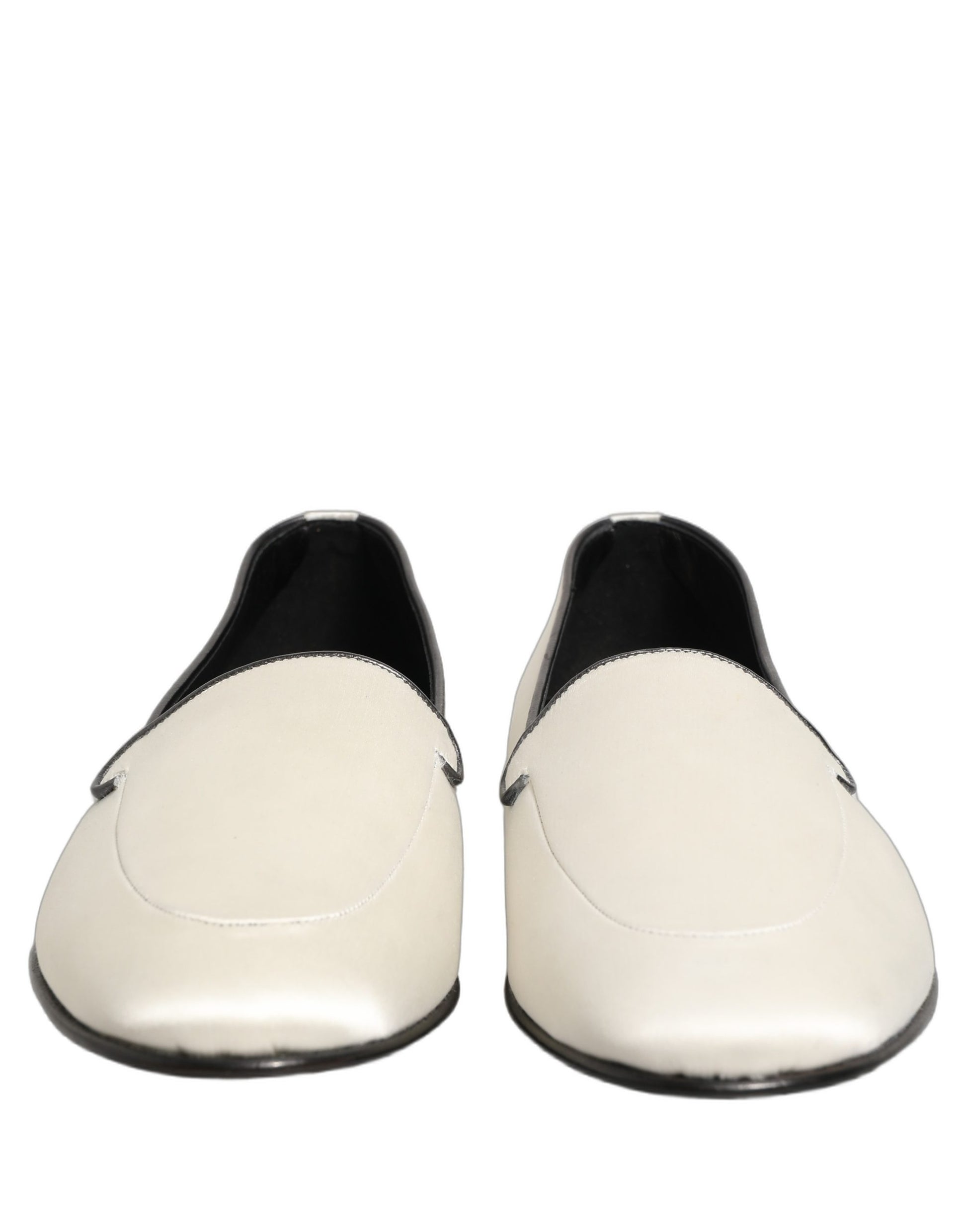 Dolce & Gabbana White Satin Logo Slip On Flats Loafers Shoes